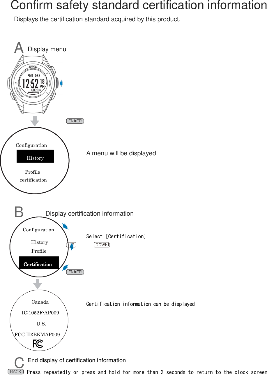       Confirm safety standard certification information Displays the certification standard acquired by this product.   A Display menu                 A menu will be displayed         B      Display certification information   Select [Certification]           Certification information can be displayed         C End display of certification information Press repeatedly or press and hold for more than 2 seconds to return to the clock screen  History certification Profile Configuration Configuration History Profile CCCCertificationertificationertificationertification    Canada IC:1052F-AP009                   U.S. FCC ID:BKMAP009 