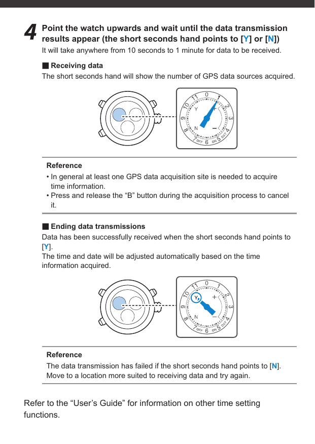 4  Point the watch upwards and wait until the data transmission results appear (the short seconds hand points to [Y] or [N])It will take anywhere from 10 seconds to 1 minute for data to be received. ■Receiving dataThe short seconds hand will show the number of GPS data sources acquired.Reference• In general at least one GPS data acquisition site is needed to acquire time information.• Press and release the “B” button during the acquisition process to cancel it. ■Ending data transmissionsData has been successfully received when the short seconds hand points to [Y].The time and date will be adjusted automatically based on the time information acquired.ReferenceThe data transmission has failed if the short seconds hand points to [N].Move to a location more suited to receiving data and try again.Refer to the “User’s Guide” for information on other time setting functions.