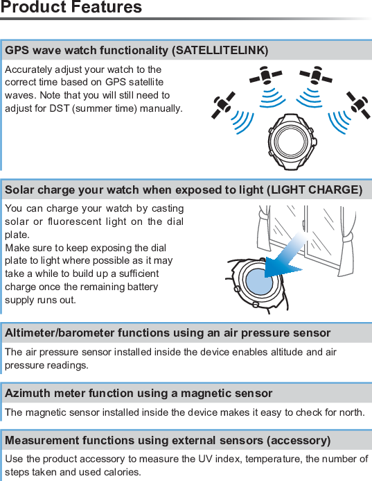 Simple navigation functions using GPS satellite waves and the magnetic sensorUse GPS satellite waves to acquire positional information and establish the direction and linear distance from your current location to a previously set home point (goal point). (User’s Guide)