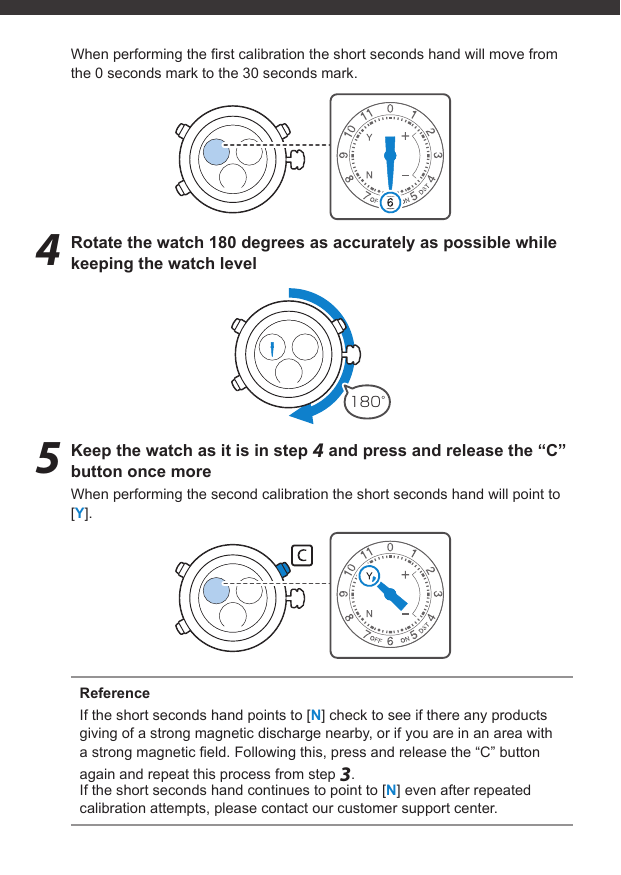 180°When performing the ﬁ rst calibration the short seconds hand will move from the 0 seconds mark to the 30 seconds mark.4  Rotate the watch 180 degrees as accurately as possible while keeping the watch level5  Keep the watch as it is in step 4 and press and release the “C” button once moreWhen performing the second calibration the short seconds hand will point to [Y].ReferenceIf the short seconds hand points to [N] check to see if there any products giving of a strong magnetic discharge nearby, or if you are in an area with a strong magnetic ﬁ eld. Following this, press and release the “C” button again and repeat this process from step 3.If the short seconds hand continues to point to [N] even after repeated calibration attempts, please contact our customer support center.