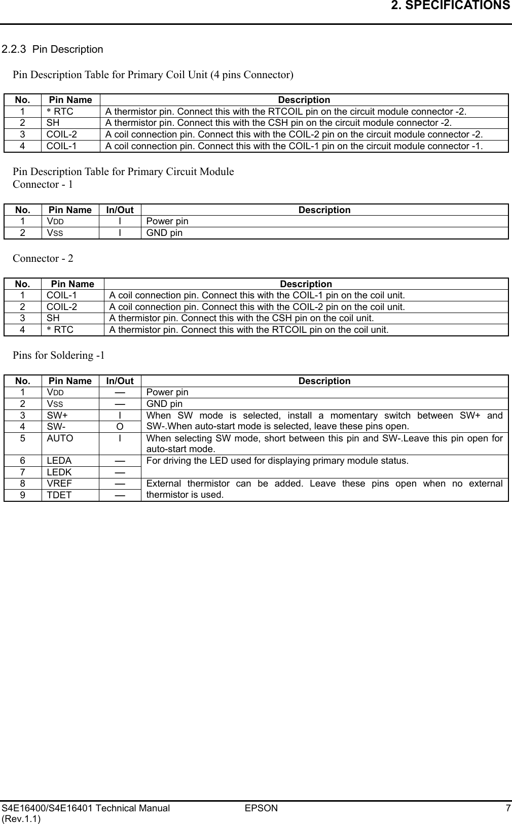 2. SPECIFICATIONS   S4E16400/S4E16401 Technical Manual  EPSON  7 (Rev.1.1) 2.2.3  Pin Description  Pin Description Table for Primary Coil Unit (4 pins Connector)  No. Pin Name  Description 1  * RTC  A thermistor pin. Connect this with the RTCOIL pin on the circuit module connector -2. 2  SH  A thermistor pin. Connect this with the CSH pin on the circuit module connector -2. 3  COIL-2  A coil connection pin. Connect this with the COIL-2 pin on the circuit module connector -2. 4  COIL-1  A coil connection pin. Connect this with the COIL-1 pin on the circuit module connector -1.  Pin Description Table for Primary Circuit Module Connector - 1  No. Pin Name In/Out  Description 1 VDD I Power pin 2 VSS I GND pin  Connector - 2  No. Pin Name  Description 1  COIL-1  A coil connection pin. Connect this with the COIL-1 pin on the coil unit. 2  COIL-2  A coil connection pin. Connect this with the COIL-2 pin on the coil unit. 3  SH  A thermistor pin. Connect this with the CSH pin on the coil unit. 4  * RTC  A thermistor pin. Connect this with the RTCOIL pin on the coil unit.  Pins for Soldering -1  No. Pin Name In/Out  Description 1 VDD -Power pin 2 VSS -GND pin 3 SW+  I 4 SW-  O When SW mode is selected, install a momentary switch between SW+ and SW-.When auto-start mode is selected, leave these pins open. 5  AUTO  I  When selecting SW mode, short between this pin and SW-.Leave this pin open for auto-start mode. 6 LEDA -7 LEDK -For driving the LED used for displaying primary module status. 8 VREF -9 TDET -External thermistor can be added. Leave these pins open when no external thermistor is used.       