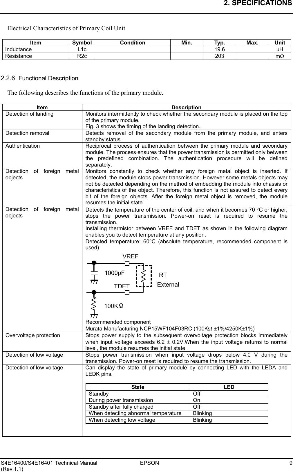 2. SPECIFICATIONS   S4E16400/S4E16401 Technical Manual  EPSON  9 (Rev.1.1) Electrical Characteristics of Primary Coil Unit  Item Symbol Condition  Min. Typ. Max. Unit Inductance L1c    19.6  uH Resistance R2c    203  mΩ   2.2.6  Functional Description  The following describes the functions of the primary module.  Item Description Detection of landing  Monitors intermittently to check whether the secondary module is placed on the top of the primary module. Fig. 3 shows the timing of the landing detection. Detection removal  Detects removal of the secondary module from the primary module, and enters standby status. Authentication Reciprocal process of authentication between the primary module and secondary module. The process ensures that the power transmission is permitted only between the predefined combination. The authentication procedure will be defined separately. Detection of foreign metal objects Monitors constantly to check whether any foreign metal object is inserted. If detected, the module stops power transmission. However some metals objects may not be detected depending on the method of embedding the module into chassis or characteristics of the object. Therefore, this function is not assured to detect every bit of the foreign objects. After the foreign metal object is removed, the module resumes the initial state. Detection of foreign metal objects Detects the temperature of the center of coil, and when it becomes 70 °C or higher, stops the power transmission. Power-on reset is required to resume the transmission. Installing thermistor between VREF and TDET as shown in the following diagram enables you to detect temperature at any position. Detected temperature: 60°C (absolute temperature, recommended component is used) VREFTDET1000pF RTExternal100KΩ Recommended component   Murata Manufacturing NCP15WF104F03RC (100KΩ ±1%/4250K±1%) Overvoltage protection  Stops  power  supply to the subsequent overvoltage protection blocks immediately when input voltage exceeds 6.2 ± 0.2V.When the input voltage returns to normal level, the module resumes the initial state. Detection of low voltage  Stops  power  transmission  when input voltage drops below 4.0 V during the transmission. Power-on reset is required to resume the transmission. Detection of low voltage  Can  display the state of primary module by connecting LED with the LEDA and LEDK pins.  State LED Standby Off During power transmission  On Standby after fully charged  Off When detecting abnormal temperature  Blinking When detecting low voltage  Blinking    