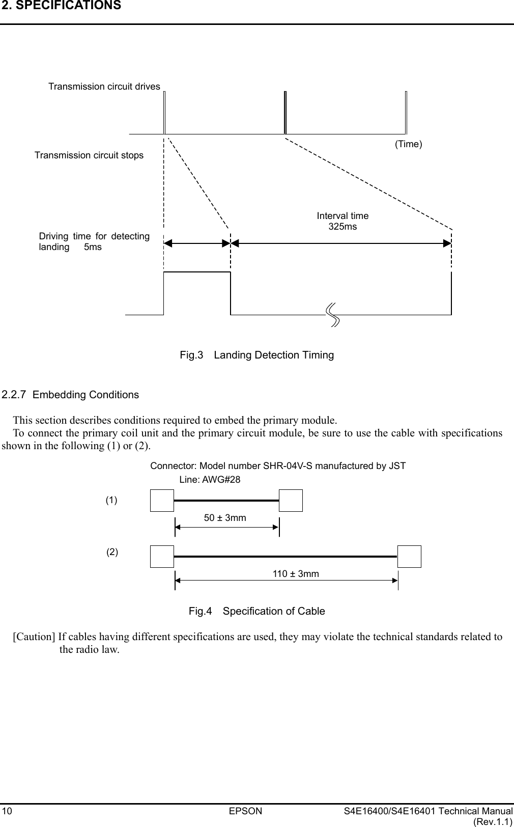 2. SPECIFICATIONS   10 EPSON S4E16400/S4E16401 Technical Manual (Rev.1.1)                         Fig.3  Landing Detection Timing   2.2.7  Embedding Conditions  This section describes conditions required to embed the primary module. To connect the primary coil unit and the primary circuit module, be sure to use the cable with specifications shown in the following (1) or (2).             Fig.4  Specification of Cable  [Caution] If cables having different specifications are used, they may violate the technical standards related to the radio law.    Driving time for detectinglanding   5ms Interval time325ms (Time) Transmission circuit drives Transmission circuit stops コネクタ：JST 社製 型番 SHR-04V-S 線：AWG#2850 ± 3mm110 ± 3mm(1) (2) Connector: Model number SHR-04V-S manufactured by JST Line: AWG#28 