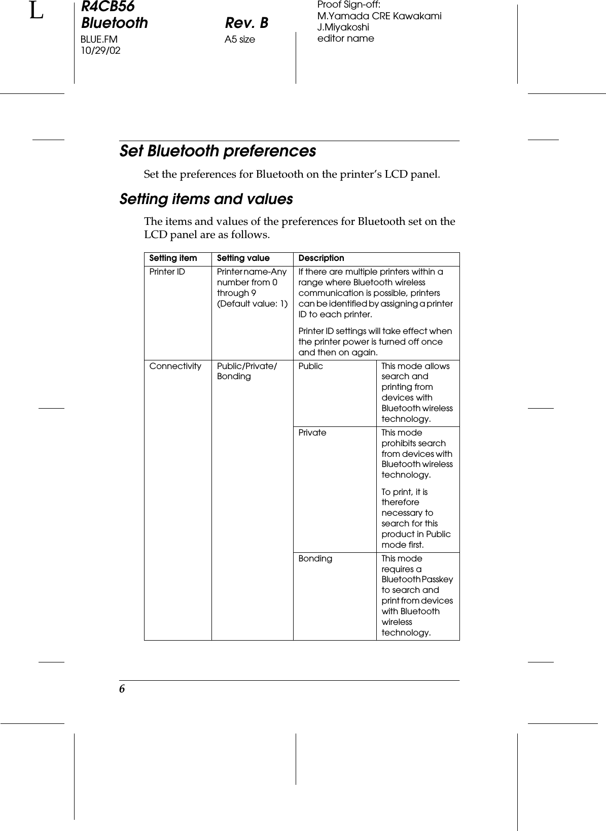 6R4CB56Bluetooth Rev. BBLUE.FM A5 size10/29/02LProof Sign-off:M.Yamada CRE KawakamiJ.Miyakoshieditor nameSet Bluetooth preferencesSet the preferences for Bluetooth on the printer’s LCD panel.Setting items and valuesThe items and values of the preferences for Bluetooth set on the LCD panel are as follows.Setting item Setting value DescriptionPrinter ID Printer name-Any number from 0 through 9 (Default value: 1)If there are multiple printers within a range where Bluetooth wireless communication is possible, printers can be identified by assigning a printer ID to each printer.Printer ID settings will take effect when the printer power is turned off once and then on again.Connectivity Public/Private/BondingPublic This mode allows search and printing from devices with Bluetooth wireless technology.Private This mode prohibits search from devices with Bluetooth wireless technology.To print, it is therefore necessary to search for this product in Public mode first.Bonding This mode requires a Bluetooth Passkey to search and print from devices with Bluetooth wireless technology.