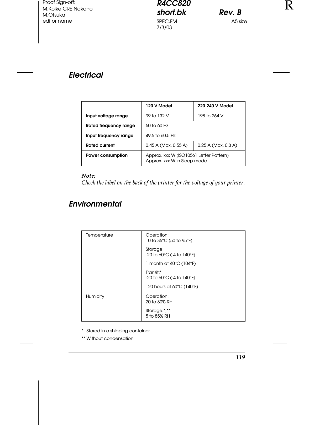 119R4CC820short.bk Rev. BSPEC.FM A5 size7/3/03RProof Sign-off:M.Koike CRE NakanoM.Otsukaeditor nameElectricalNote:Check the label on the back of the printer for the voltage of your printer.Environmental* Stored in a shipping container** Without condensation120 V Model 220-240 V ModelInput voltage range 99 to 132 V 198 to 264 VRated frequency range 50 to 60 HzInput frequency range 49.5 to 60.5 HzRated current 0.45 A (Max. 0.55 A) 0.25 A (Max. 0.3 A)Power consumption Approx. xxx W (ISO10561 Letter Pattern)Approx. xxx W in Sleep modeTemperature Operation: 10 to 35°C (50 to 95°F)Storage: -20 to 60°C (-4 to 140°F)1 month at 40°C (104°F)Transit:*-20 to 60°C (-4 to 140°F)120 hours at 60°C (140°F)Humidity Operation: 20 to 80% RHStorage:*,** 5 to 85% RH