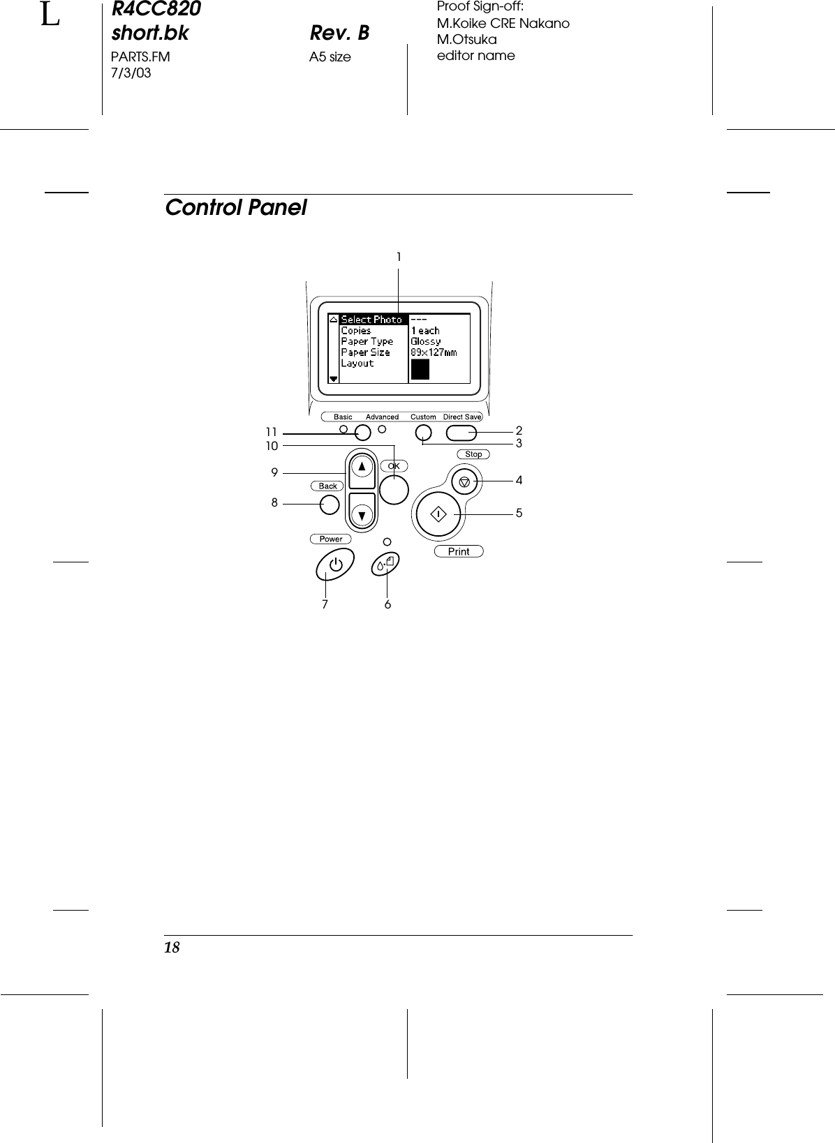 18R4CC820short.bk Rev. BPARTS.FM A5 size7/3/03LProof Sign-off:M.Koike CRE NakanoM.Otsukaeditor nameControl Panel7161110982345