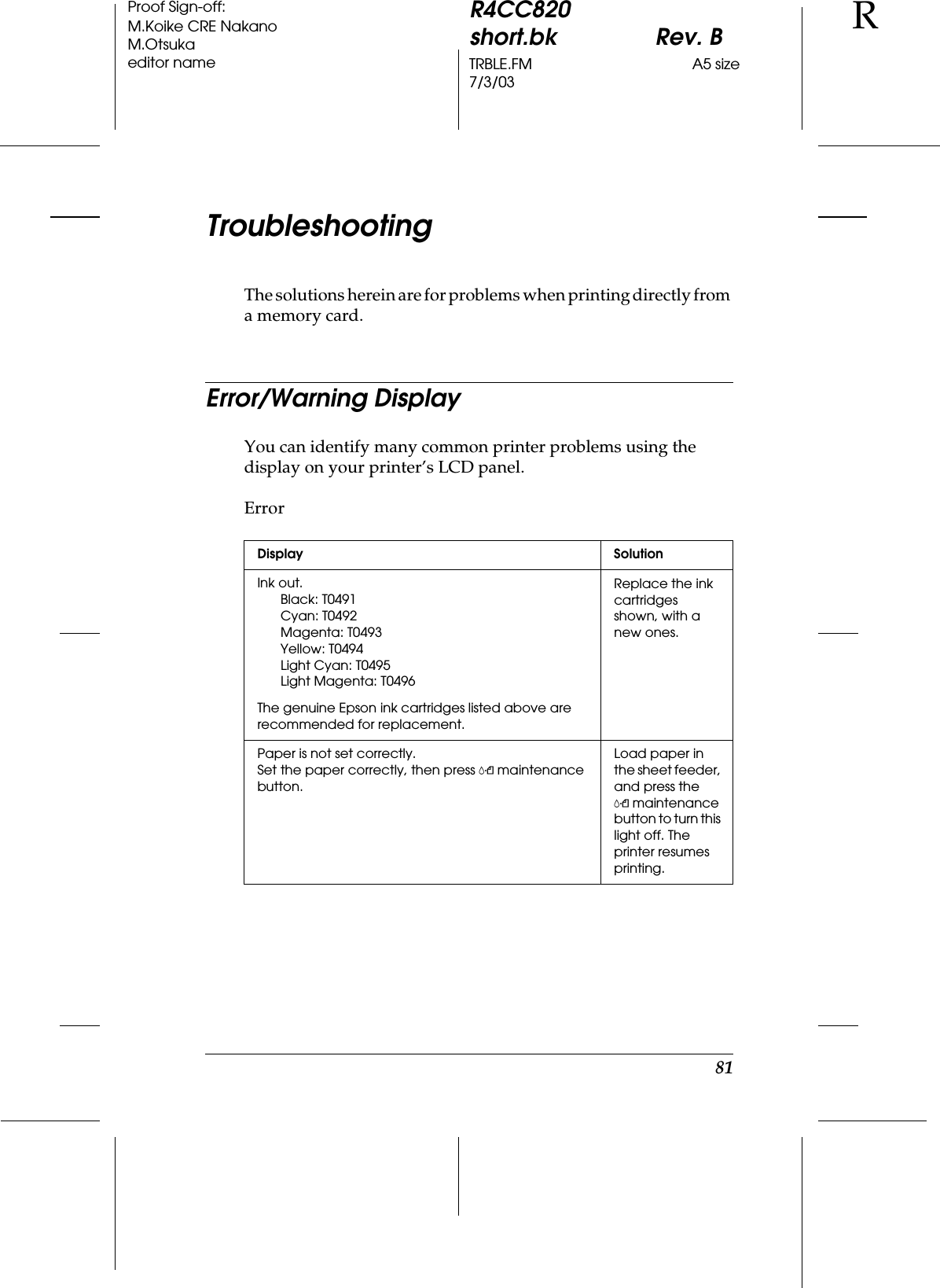 81R4CC820short.bk Rev. BTRBLE.FM A5 size7/3/03RProof Sign-off:M.Koike CRE NakanoM.Otsukaeditor nameTroubleshootingThe solutions herein are for problems when printing directly from a memory card. Error/Warning DisplayYou can identify many common printer problems using the display on your printer’s LCD panel.ErrorDisplay SolutionInk out.Black: T0491Cyan: T0492Magenta: T0493Yellow: T0494Light Cyan: T0495Light Magenta: T0496The genuine Epson ink cartridges listed above are recommended for replacement.Replace the ink cartridges shown, with a new ones.Paper is not set correctly.Set the paper correctly, then press (maintenance button.Load paper in the sheet feeder, and press the (maintenance button to turn this light off. The printer resumes printing.