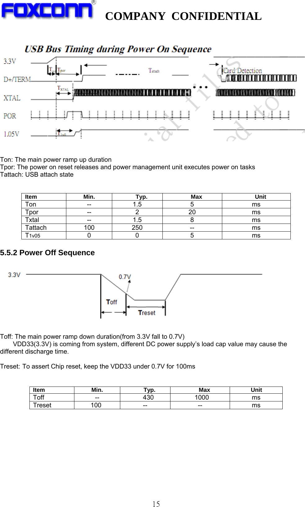   COMPANY CONFIDENTIAL              15    Ton: The main power ramp up duration   Tpor: The power on reset releases and power management unit executes power on tasks   Tattach: USB attach state     Item Min. Typ. Max Unit Ton -- 1.5 5  ms Tpor -- 2 20  ms Txtal -- 1.5  8  ms Tattach 100 250  --  ms T1v05 0 0  5  ms  5.5.2 Power Off Sequence  Toff: The main power ramp down duration(from 3.3V fall to 0.7V)   VDD33(3.3V) is coming from system, different DC power supply’s load cap value may cause the different discharge time.  Treset: To assert Chip reset, keep the VDD33 under 0.7V for 100ms   Item Min. Typ. Max Unit Toff  --    430   1000  ms Treset 100  --  --  ms 