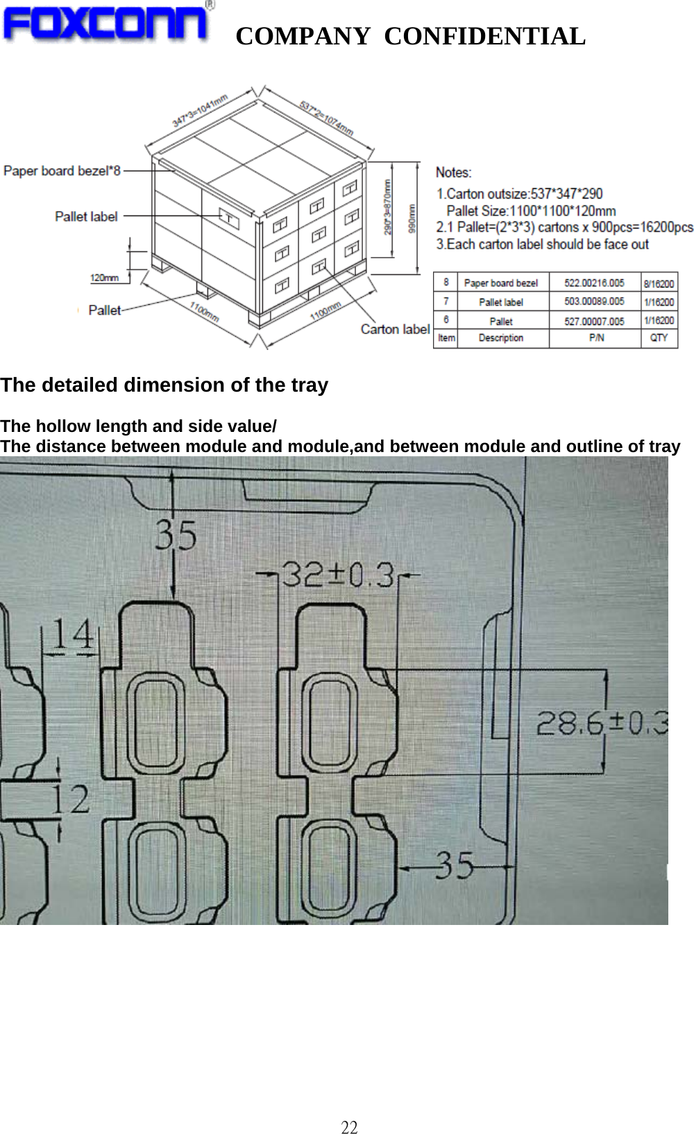   COMPANY CONFIDENTIAL              22   The detailed dimension of the tray  The hollow length and side value/ The distance between module and module,and between module and outline of tray        