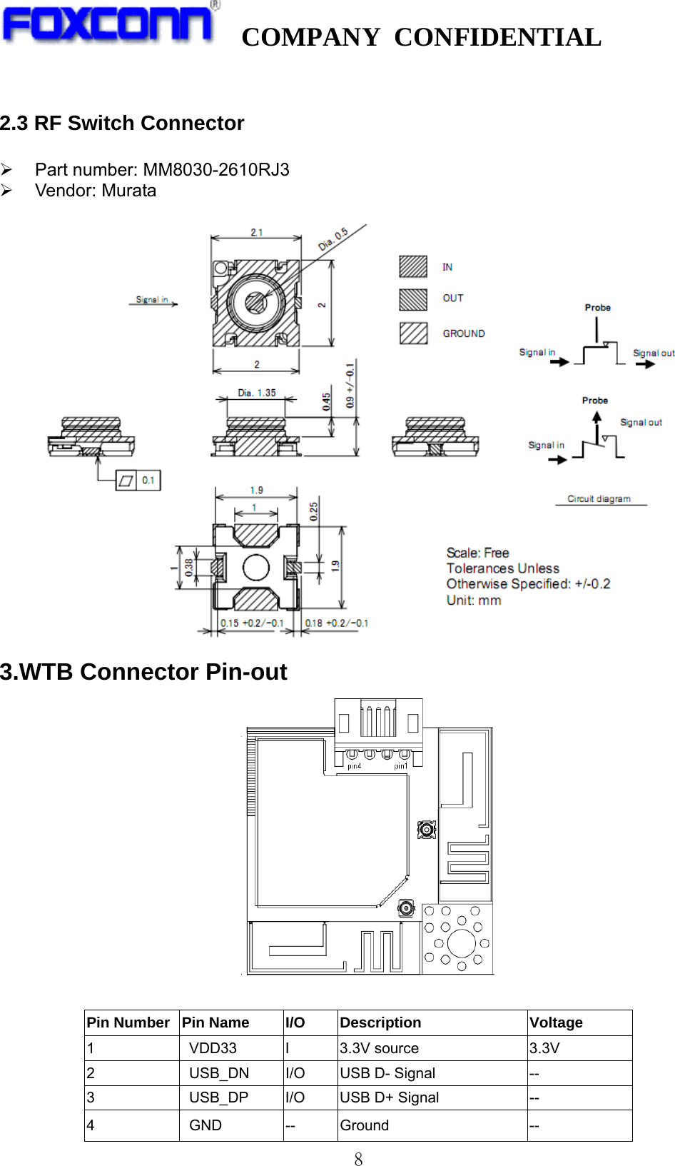   COMPANY CONFIDENTIAL              8 2.3 RF Switch Connector  ¾  Part number: MM8030-2610RJ3 ¾ Vendor: Murata   3.WTB Connector Pin-out      Pin Number  Pin Name    I/O  Description  Voltage   1   VDD33  I  3.3V source   3.3V  2    USB_DN  I/O  USB D- Signal  -- 3  USB_DP  I/O  USB D+ Signal  -- 4 GND -- Ground  -- 