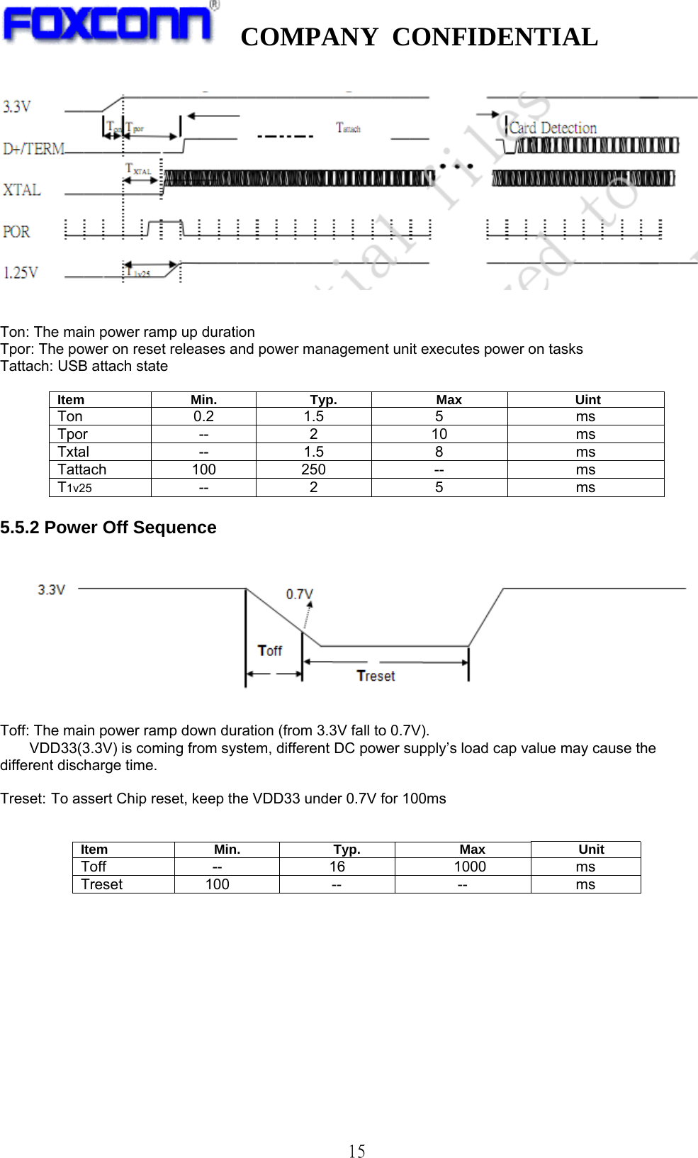   COMPANY CONFIDENTIAL              15     Ton: The main power ramp up duration   Tpor: The power on reset releases and power management unit executes power on tasks   Tattach: USB attach state    Item Min. Typ. Max Uint Ton 0.2 1.5 5  ms Tpor -- 2  10  ms Txtal -- 1.5  8  ms Tattach 100 250  --  ms T1v25 -- 2  5  ms  5.5.2 Power Off Sequence  Toff: The main power ramp down duration (from 3.3V fall to 0.7V).   VDD33(3.3V) is coming from system, different DC power supply’s load cap value may cause the different discharge time.  Treset: To assert Chip reset, keep the VDD33 under 0.7V for 100ms   Item Min. Typ. Max Unit Toff  --  16    1000  ms Treset  100        --  --  ms  