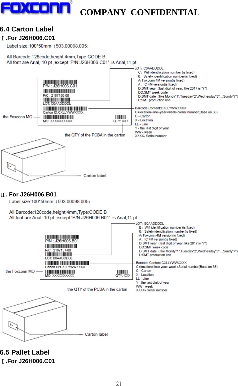   COMPANY CONFIDENTIAL              216.4 Carton Label Ⅰ.For J26H006.C01   Ⅱ. For J26H006.B01  6.5 Pallet Label Ⅰ.For J26H006.C01  