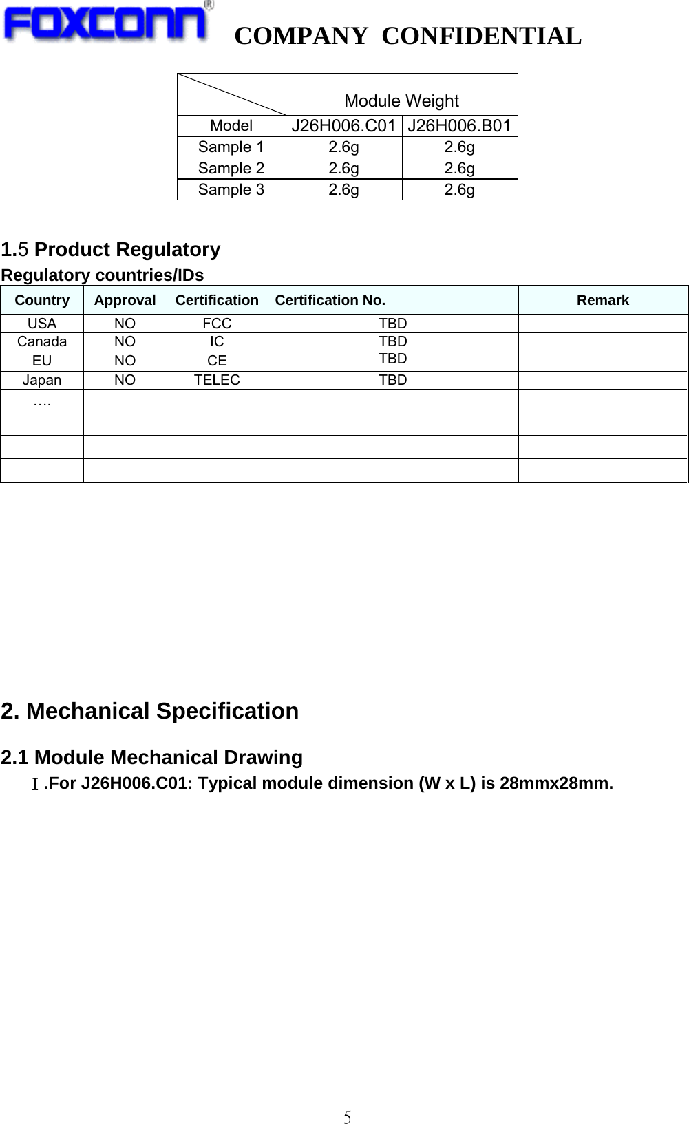   COMPANY CONFIDENTIAL              5 Module Weight Model  J26H006.C01 J26H006.B01Sample 1  2.6g  2.6g Sample 2  2.6g  2.6g Sample 3  2.6g  2.6g  1.5 Product Regulatory   Regulatory countries/IDs   Country  Approval  Certification  Certification No.  Remark USA NO  FCC  TBD   Canada NO IC  TBD   EU NO  CE  TBD   Japan NO  TELEC  TBD   ….                               2. Mechanical Specification 2.1 Module Mechanical Drawing    Ⅰ.For J26H006.C01: Typical module dimension (W x L) is 28mmx28mm. 