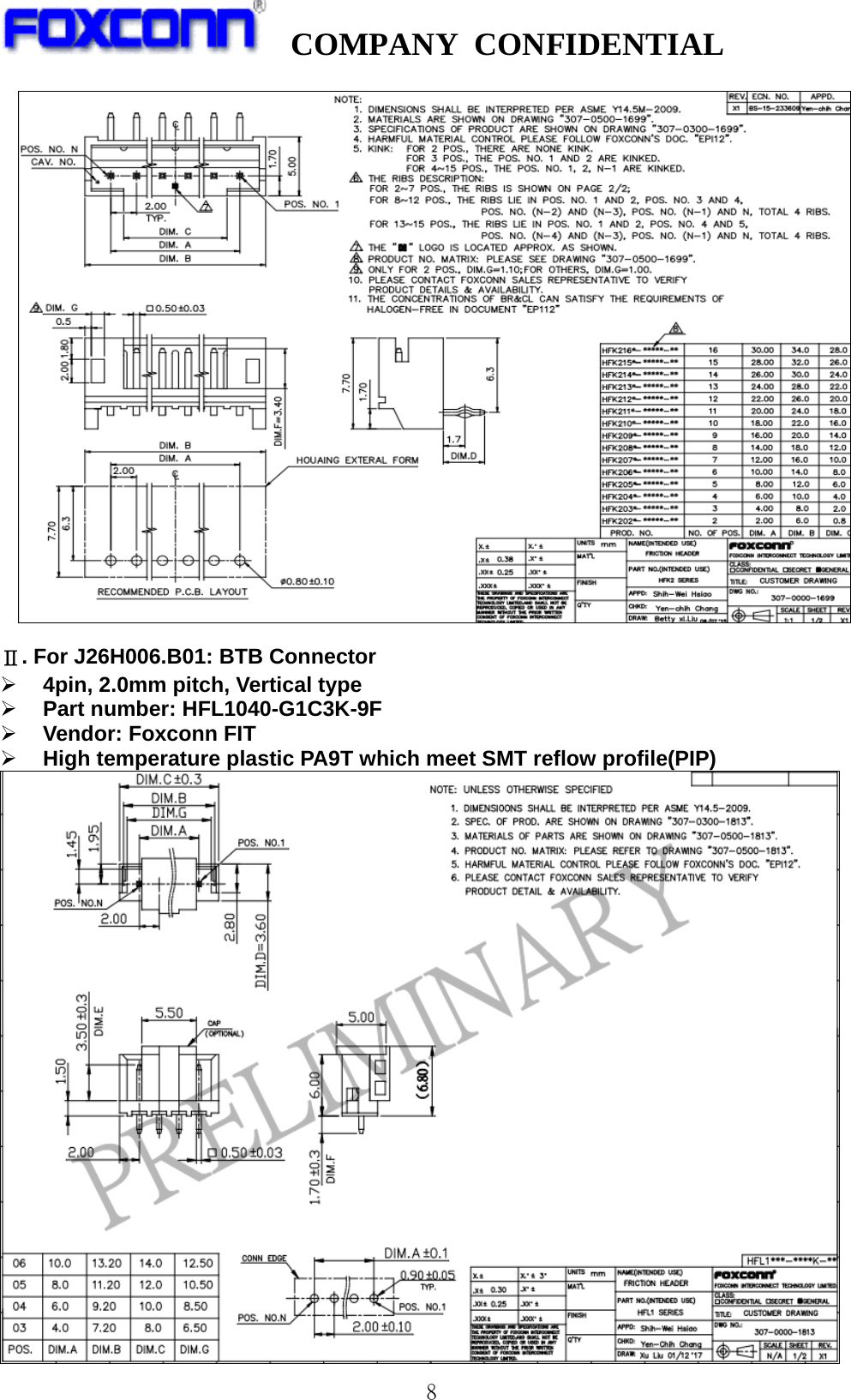   COMPANY CONFIDENTIAL              8  Ⅱ. For J26H006.B01: BTB Connector ¾ 4pin, 2.0mm pitch, Vertical type ¾ Part number: HFL1040-G1C3K-9F ¾ Vendor: Foxconn FIT ¾ High temperature plastic PA9T which meet SMT reflow profile(PIP)  