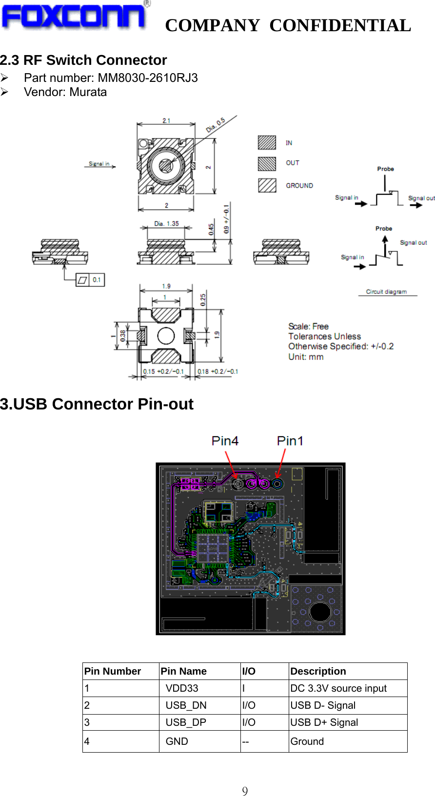   COMPANY CONFIDENTIAL              92.3 RF Switch Connector ¾  Part number: MM8030-2610RJ3 ¾ Vendor: Murata   3.USB Connector Pin-out                 Pin Number  Pin Name    I/O  Description 1    VDD33  I  DC 3.3V source input   2    USB_DN  I/O  USB D- Signal 3  USB_DP  I/O  USB D+ Signal 4 GND -- Ground  