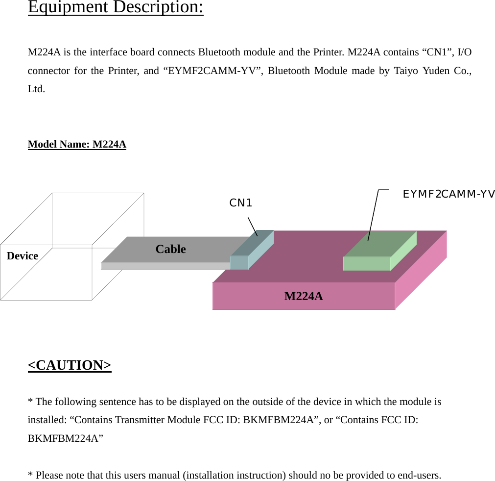 Equipment Description:  M224A is the interface board connects Bluetooth module and the Printer. M224A contains “CN1”, I/O connector for the Printer, and “EYMF2CAMM-YV”, Bluetooth Module made by Taiyo Yuden Co., Ltd.    Model Name: M224A          EYMF2CAMM-YV Cable CN1 M224A Device   &lt;CAUTION&gt;  * The following sentence has to be displayed on the outside of the device in which the module is installed: “Contains Transmitter Module FCC ID: BKMFBM224A”, or “Contains FCC ID: BKMFBM224A”  * Please note that this users manual (installation instruction) should no be provided to end-users.          