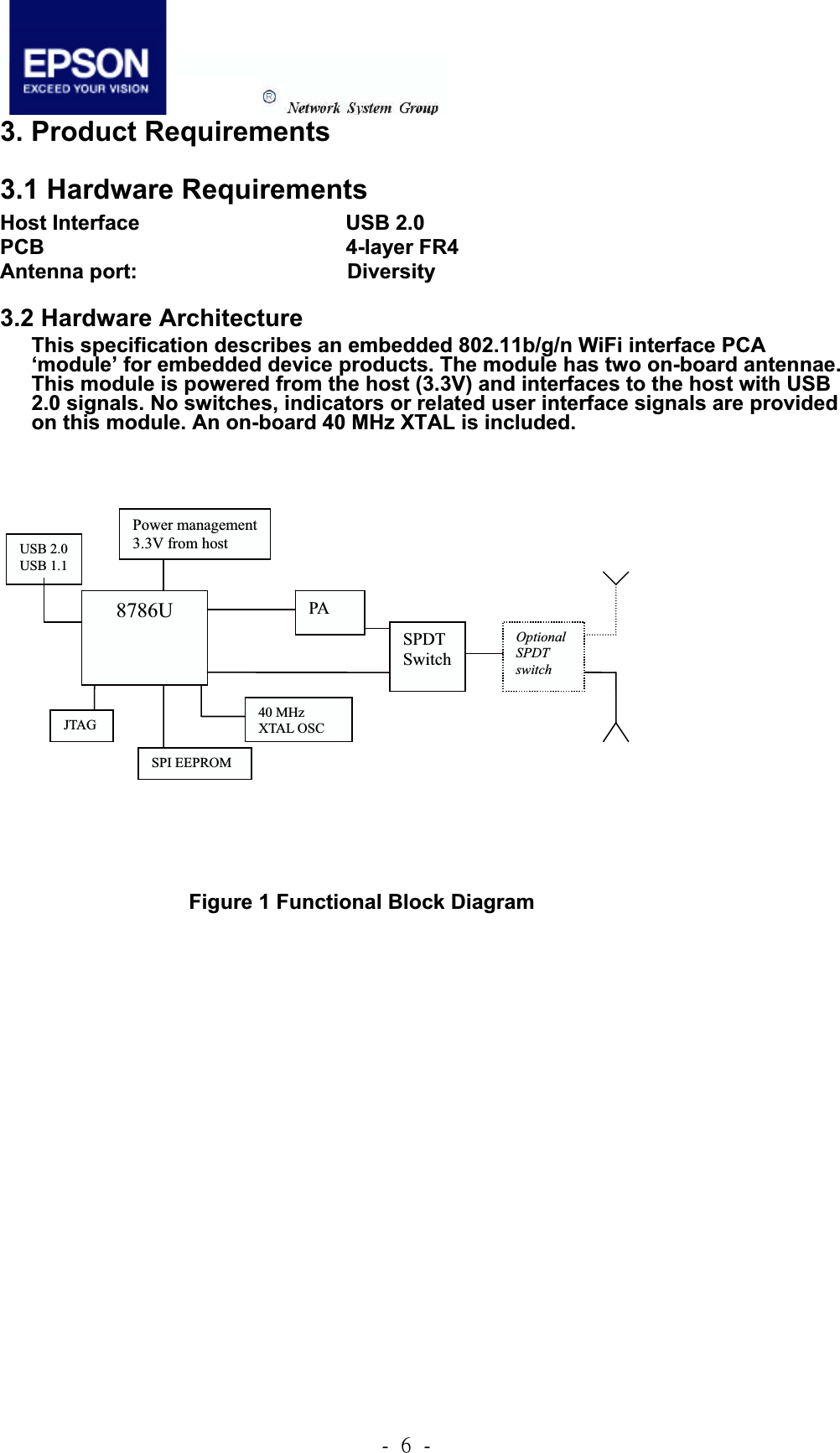 .!7!.!3. Product Requirements 3.1 Hardware Requirements Host Interface              USB 2.0      PCB          4-layer FR4   Antenna port:                    Diversity 3.2 Hardware Architecture This specification describes an embedded 802.11b/g/n WiFi interface PCA ‘module’ for embedded device products. The module has two on-board antennae. This module is powered from the host (3.3V) and interfaces to the host with USB 2.0 signals. No switches, indicators or related user interface signals are provided on this module. An on-board 40 MHz XTAL is included. 8786U PA Power management 3.3V from host SPI EEPROM USB 2.0 USB 1.1 JTAG 40 MHz XTAL OSC SPDTSwitchOptionalSPDT switchFigure 1 Functional Block Diagram 