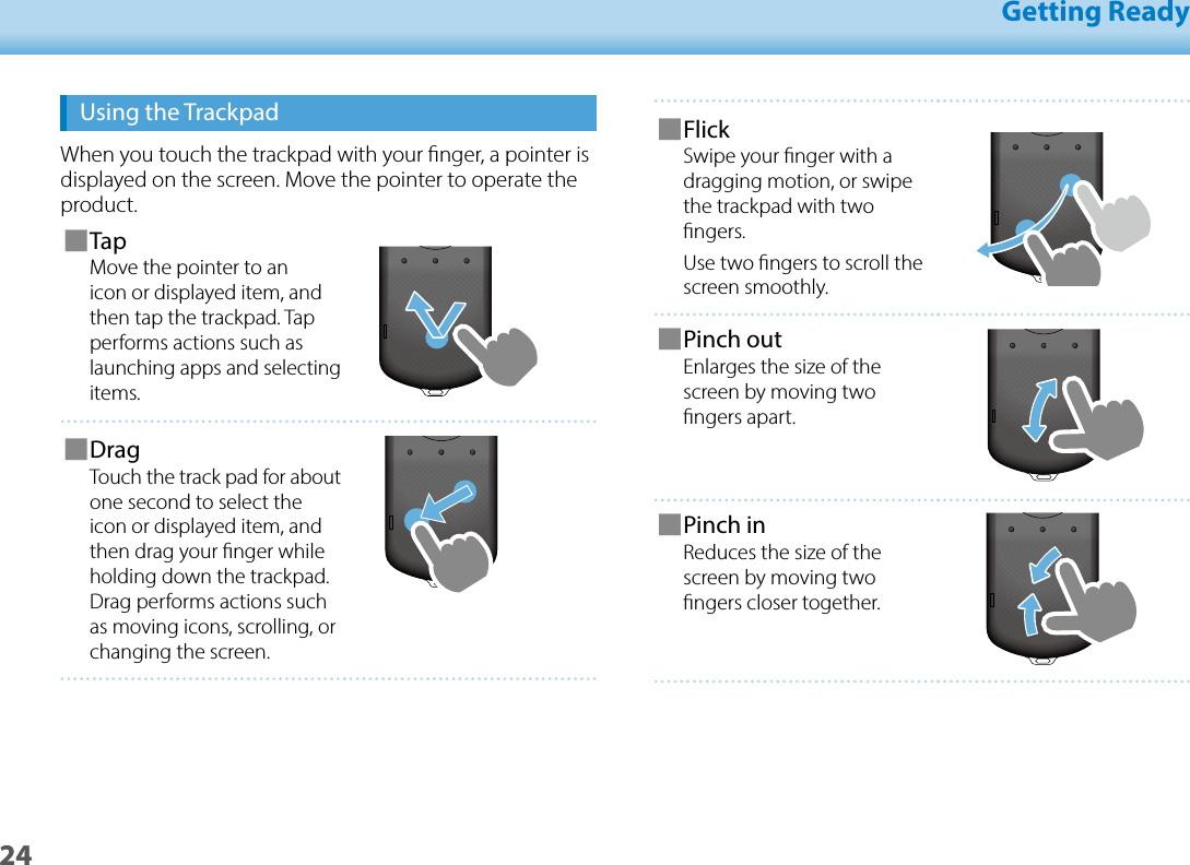 2401_Chapter title01_Head A02__leadGetting Ready24Using the TrackpadWhen you touch the trackpad with your nger, a pointer is displayed on the screen. Move the pointer to operate the product. ■TapMove the pointer to an icon or displayed item, and then tap the trackpad. Tap performs actions such as launching apps and selecting items. ■DragTouch the track pad for about one second to select the icon or displayed item, and then drag your nger while holding down the trackpad. Drag performs actions such as moving icons, scrolling, or changing the screen. ■FlickSwipe your nger with a dragging motion, or swipe the trackpad with two ngers.Use two ngers to scroll the screen smoothly. ■Pinch outEnlarges the size of the screen by moving two ngers apart. ■Pinch inReduces the size of the screen by moving two ngers closer together.