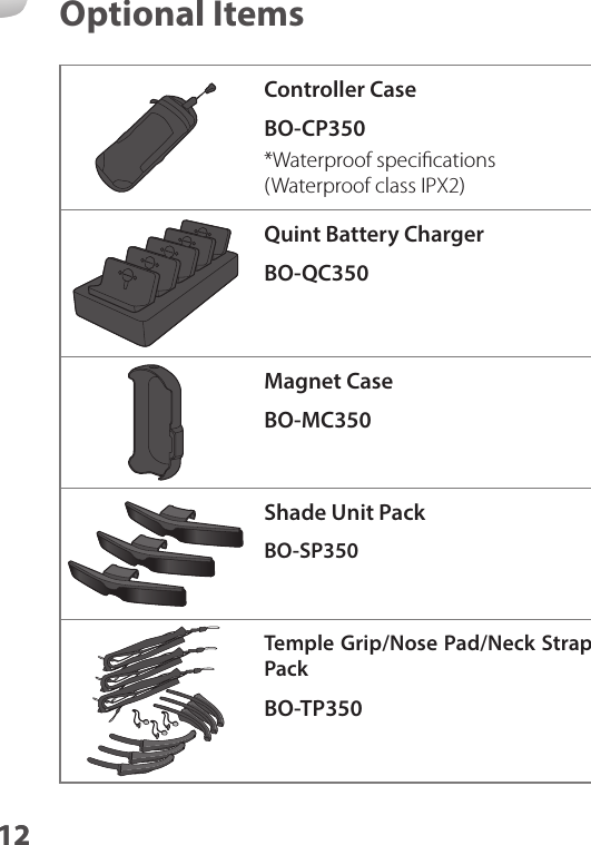 1212Optional ItemsController CaseBO-CP350*Waterproof speciﬁcations (Waterproof class IPX2)Quint Battery ChargerBO-QC350Magnet CaseBO-MC350Shade Unit PackBO-SP350Temple Grip/Nose Pad/Neck Strap PackBO-TP350