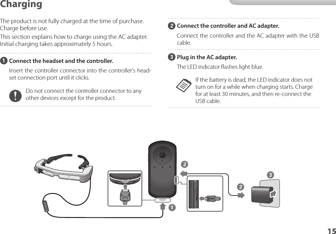 1515ChargingThe product is not fully charged at the time of purchase. Charge before use.This section explains how to charge using the AC adapter. Initial charging takes approximately 5 hours.AConnect the headset and the controller.Insert the controller connector into the controller&apos;s head-set connection port until it clicks.Do not connect the controller connector to any other devices except for the product.BConnect the controller and AC adapter.Connect the controller and the AC adapter with the USB cable.CPlug in the AC adapter.The LED indicator ﬂashes light blue.If the battery is dead, the LED indicator does not turn on for a while when charging starts. Charge for at least 30 minutes, and then re-connect the USB cable.