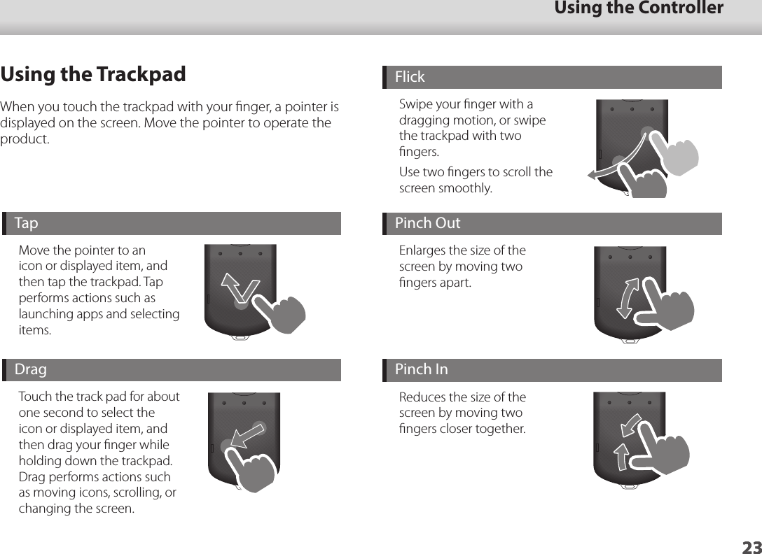 2301_Chapter title23Using the Controller23Using the TrackpadWhen you touch the trackpad with your ﬁnger, a pointer is displayed on the screen. Move the pointer to operate the product.TapMove the pointer to an icon or displayed item, and then tap the trackpad. Tap performs actions such as launching apps and selecting items.DragTouch the track pad for about one second to select the icon or displayed item, and then drag your ﬁnger while holding down the trackpad. Drag performs actions such as moving icons, scrolling, or changing the screen.FlickSwipe your ﬁnger with a dragging motion, or swipe the trackpad with two ﬁngers.Use two ﬁngers to scroll the screen smoothly.Pinch OutEnlarges the size of the screen by moving two ﬁngers apart.Pinch InReduces the size of the screen by moving two ﬁngers closer together.