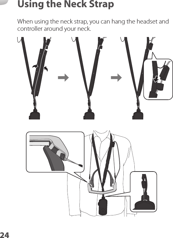 2401_Chapter title01_Head A02__lead24Using the Neck StrapWhen using the neck strap, you can hang the headset and controller around your neck.