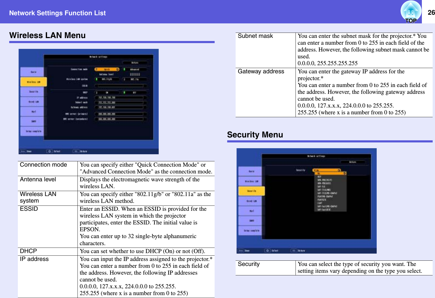 Network Settings Function List 26Wireless LAN MenuSecurity MenuConnection mode You can specify either &quot;Quick Connection Mode&quot; or &quot;Advanced Connection Mode&quot; as the connection mode.Antenna level Displays the electromagnetic wave strength of the wireless LAN.Wireless LAN systemYou can specify either &quot;802.11g/b&quot; or &quot;802.11a&quot; as the wireless LAN method.ESSID Enter an ESSID. When an ESSID is provided for the wireless LAN system in which the projector participates, enter the ESSID. The initial value is EPSON.You can enter up to 32 single-byte alphanumeric characters.DHCP You can set whether to use DHCP (On) or not (Off).IP address You can input the IP address assigned to the projector.*You can enter a number from 0 to 255 in each field of the address. However, the following IP addresses cannot be used.0.0.0.0, 127.x.x.x, 224.0.0.0 to 255.255.255.255 (where x is a number from 0 to 255)Subnet mask You can enter the subnet mask for the projector.* You can enter a number from 0 to 255 in each field of the address. However, the following subnet mask cannot be used.0.0.0.0, 255.255.255.255Gateway address You can enter the gateway IP address for the projector.*You can enter a number from 0 to 255 in each field of the address. However, the following gateway address cannot be used.0.0.0.0, 127.x.x.x, 224.0.0.0 to 255.255.255.255 (where x is a number from 0 to 255)Security You can select the type of security you want. The setting items vary depending on the type you select.