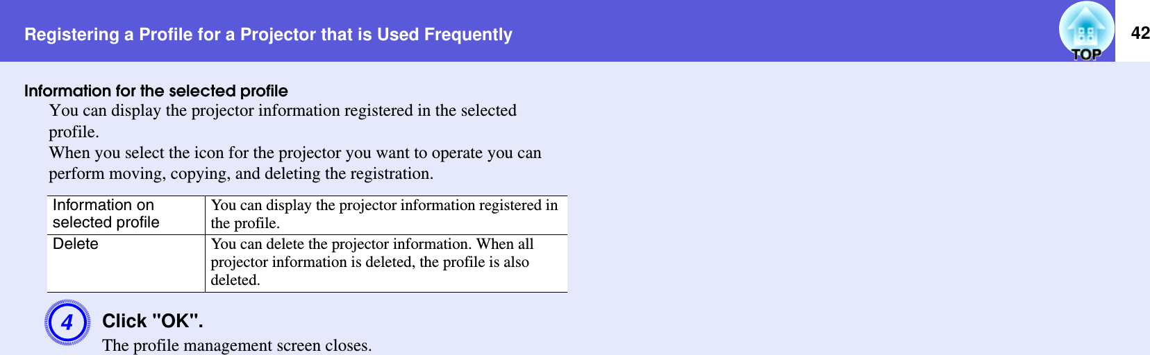 Registering a Profile for a Projector that is Used Frequently 42Information for the selected profileYou can display the projector information registered in the selected profile.When you select the icon for the projector you want to operate you can perform moving, copying, and deleting the registration.DClick &quot;OK&quot;.The profile management screen closes.Information on selected profileYou can display the projector information registered in the profile.Delete You can delete the projector information. When all projector information is deleted, the profile is also deleted.