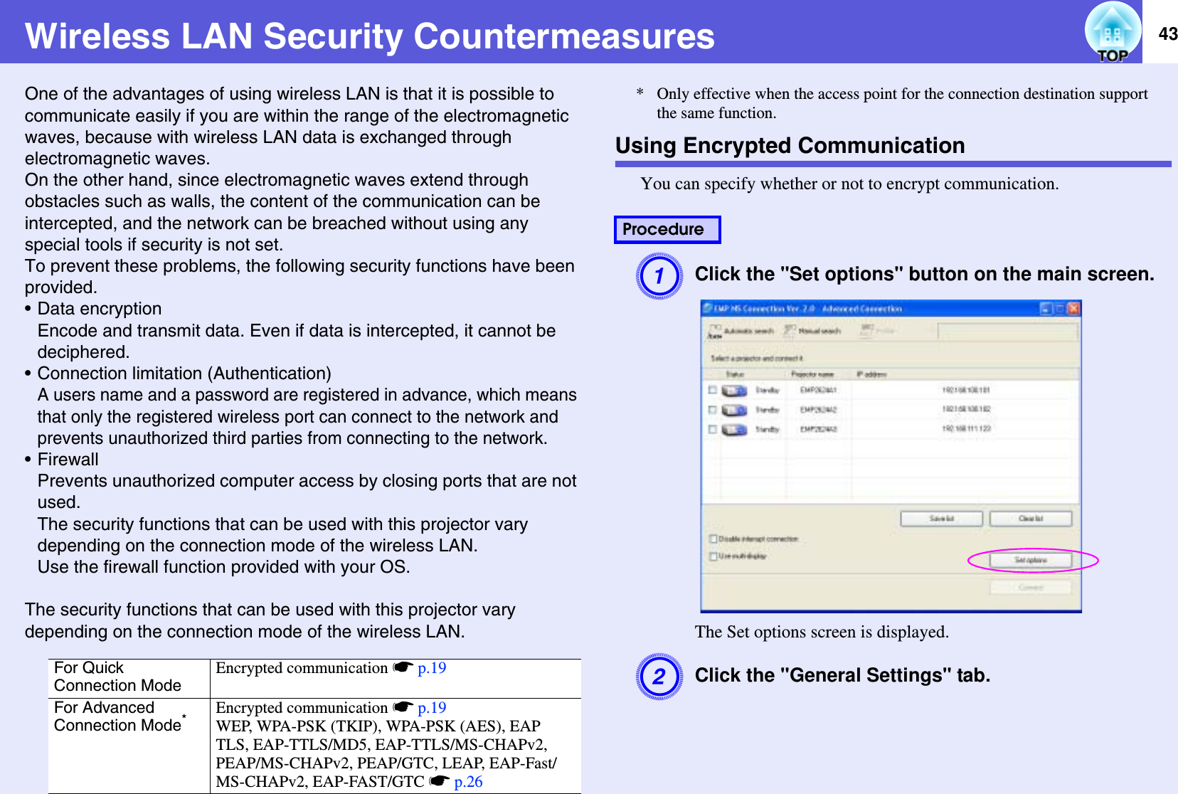 43Wireless LAN Security CountermeasuresOne of the advantages of using wireless LAN is that it is possible to communicate easily if you are within the range of the electromagnetic waves, because with wireless LAN data is exchanged through electromagnetic waves.On the other hand, since electromagnetic waves extend through obstacles such as walls, the content of the communication can be intercepted, and the network can be breached without using any special tools if security is not set.To prevent these problems, the following security functions have been provided.• Data encryptionEncode and transmit data. Even if data is intercepted, it cannot be deciphered.• Connection limitation (Authentication)A users name and a password are registered in advance, which means that only the registered wireless port can connect to the network and prevents unauthorized third parties from connecting to the network.• FirewallPrevents unauthorized computer access by closing ports that are not used.The security functions that can be used with this projector vary depending on the connection mode of the wireless LAN.Use the firewall function provided with your OS.The security functions that can be used with this projector vary depending on the connection mode of the wireless LAN.* Only effective when the access point for the connection destination support the same function.Using Encrypted CommunicationYou can specify whether or not to encrypt communication.AClick the &quot;Set options&quot; button on the main screen.The Set options screen is displayed.BClick the &quot;General Settings&quot; tab.For Quick Connection ModeEncrypted communication sp.19For Advanced Connection Mode*Encrypted communication sp.19WEP, WPA-PSK (TKIP), WPA-PSK (AES), EAPTLS, EAP-TTLS/MD5, EAP-TTLS/MS-CHAPv2, PEAP/MS-CHAPv2, PEAP/GTC, LEAP, EAP-Fast/MS-CHAPv2, EAP-FAST/GTC sp.26Procedure