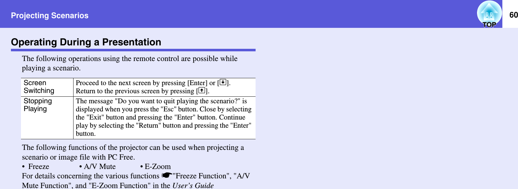 Projecting Scenarios 60Operating During a PresentationThe following operations using the remote control are possible while playing a scenario.The following functions of the projector can be used when projecting a scenario or image file with PC Free.• Freeze • A/V Mute • E-ZoomFor details concerning the various functions s&quot;Freeze Function&quot;, &quot;A/V Mute Function&quot;, and &quot;E-Zoom Function&quot; in the User’s GuideScreenSwitchingProceed to the next screen by pressing [Enter] or []].Return to the previous screen by pressing [[].StoppingPlayingThe message &quot;Do you want to quit playing the scenario?&quot; is displayed when you press the &quot;Esc&quot; button. Close by selecting the &quot;Exit&quot; button and pressing the &quot;Enter&quot; button. Continue play by selecting the &quot;Return&quot; button and pressing the &quot;Enter&quot; button.