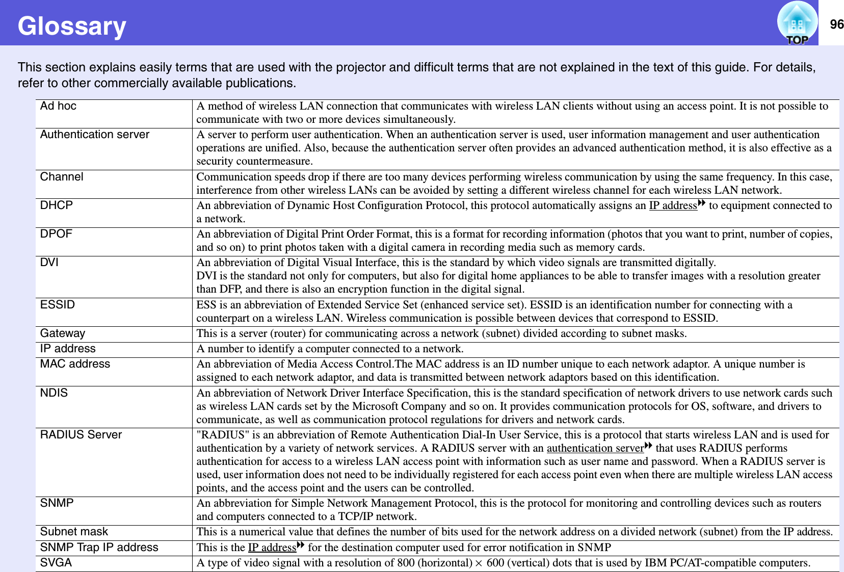 96GlossaryThis section explains easily terms that are used with the projector and difficult terms that are not explained in the text of this guide. For details, refer to other commercially available publications.Ad hoc A method of wireless LAN connection that communicates with wireless LAN clients without using an access point. It is not possible to communicate with two or more devices simultaneously.Authentication server A server to perform user authentication. When an authentication server is used, user information management and user authentication operations are unified. Also, because the authentication server often provides an advanced authentication method, it is also effective as a security countermeasure.Channel Communication speeds drop if there are too many devices performing wireless communication by using the same frequency. In this case, interference from other wireless LANs can be avoided by setting a different wireless channel for each wireless LAN network.DHCP An abbreviation of Dynamic Host Configuration Protocol, this protocol automatically assigns an IP addressg to equipment connected to a network.DPOF An abbreviation of Digital Print Order Format, this is a format for recording information (photos that you want to print, number of copies, and so on) to print photos taken with a digital camera in recording media such as memory cards.DVI An abbreviation of Digital Visual Interface, this is the standard by which video signals are transmitted digitally.DVI is the standard not only for computers, but also for digital home appliances to be able to transfer images with a resolution greater than DFP, and there is also an encryption function in the digital signal.ESSID ESS is an abbreviation of Extended Service Set (enhanced service set). ESSID is an identification number for connecting with a counterpart on a wireless LAN. Wireless communication is possible between devices that correspond to ESSID.Gateway This is a server (router) for communicating across a network (subnet) divided according to subnet masks.IP address A number to identify a computer connected to a network.MAC address An abbreviation of Media Access Control.The MAC address is an ID number unique to each network adaptor. A unique number is assigned to each network adaptor, and data is transmitted between network adaptors based on this identification.NDIS An abbreviation of Network Driver Interface Specification, this is the standard specification of network drivers to use network cards such as wireless LAN cards set by the Microsoft Company and so on. It provides communication protocols for OS, software, and drivers to communicate, as well as communication protocol regulations for drivers and network cards.RADIUS Server &quot;RADIUS&quot; is an abbreviation of Remote Authentication Dial-In User Service, this is a protocol that starts wireless LAN and is used for authentication by a variety of network services. A RADIUS server with an authentication serverg that uses RADIUS performs authentication for access to a wireless LAN access point with information such as user name and password. When a RADIUS server isused, user information does not need to be individually registered for each access point even when there are multiple wireless LAN access points, and the access point and the users can be controlled.SNMP An abbreviation for Simple Network Management Protocol, this is the protocol for monitoring and controlling devices such as routers and computers connected to a TCP/IP network.Subnet mask This is a numerical value that defines the number of bits used for the network address on a divided network (subnet) from the IP address.SNMP Trap IP address This is the IP addressg for the destination computer used for error notification in SNMPSVGA A type of video signal with a resolution of 800 (horizontal) × 600 (vertical) dots that is used by IBM PC/AT-compatible computers.