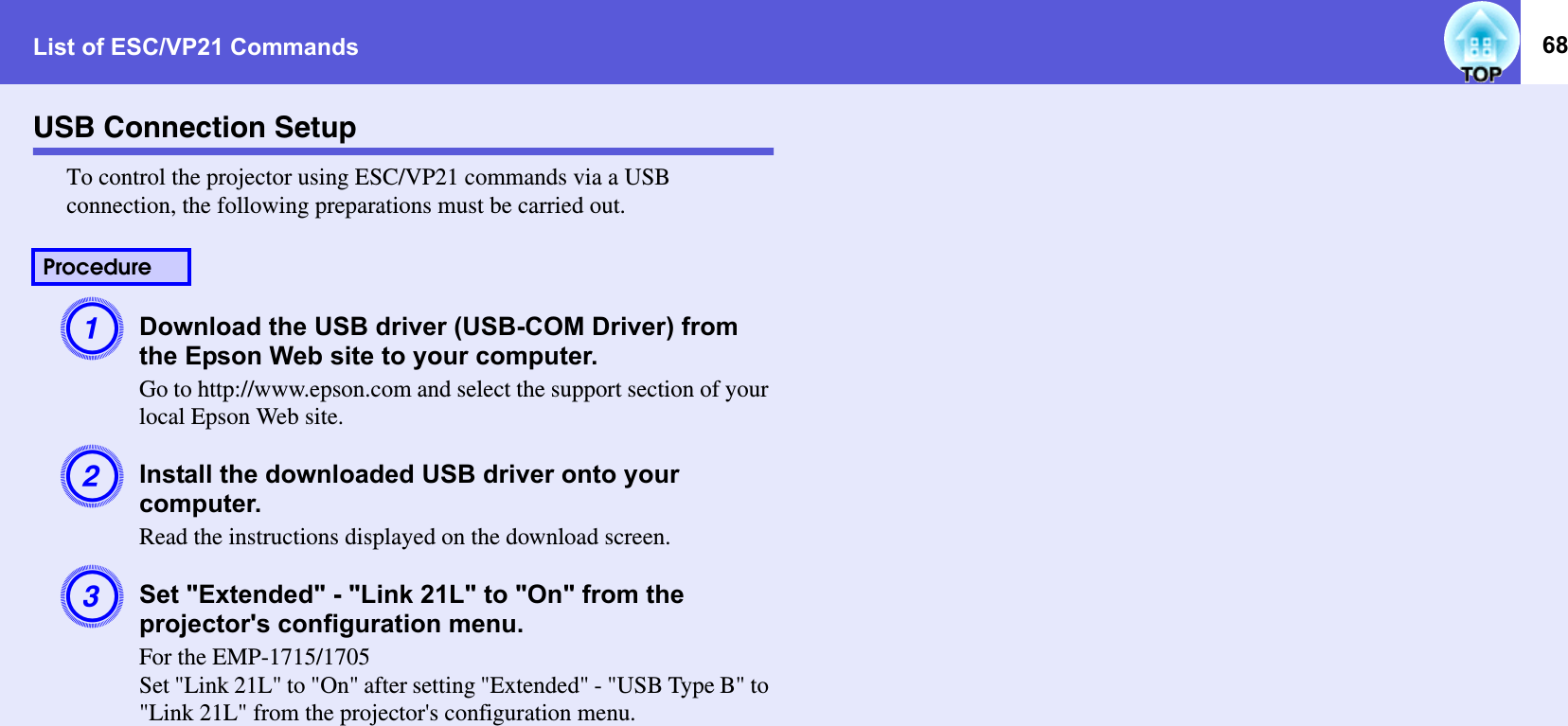 List of ESC/VP21 Commands 68USB Connection SetupTo control the projector using ESC/VP21 commands via a USB connection, the following preparations must be carried out.ADownload the USB driver (USB-COM Driver) from the Epson Web site to your computer.Go to http://www.epson.com and select the support section of your local Epson Web site.BInstall the downloaded USB driver onto your computer.Read the instructions displayed on the download screen.CSet &quot;Extended&quot; - &quot;Link 21L&quot; to &quot;On&quot; from the projector&apos;s configuration menu.For the EMP-1715/1705Set &quot;Link 21L&quot; to &quot;On&quot; after setting &quot;Extended&quot; - &quot;USB Type B&quot; to &quot;Link 21L&quot; from the projector&apos;s configuration menu.Procedure