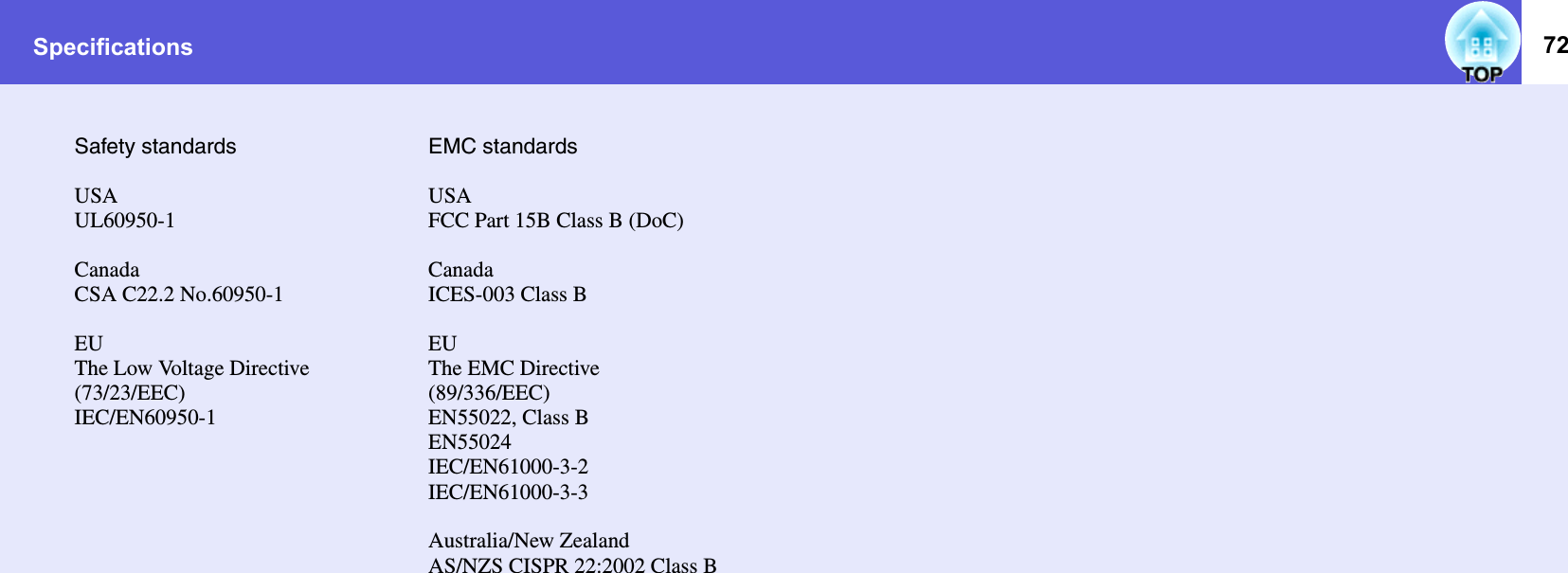 Specifications 72Safety standardsUSAUL60950-1CanadaCSA C22.2 No.60950-1EUThe Low Voltage Directive(73/23/EEC)IEC/EN60950-1EMC standardsUSAFCC Part 15B Class B (DoC)CanadaICES-003 Class BEUThe EMC Directive(89/336/EEC)EN55022, Class BEN55024IEC/EN61000-3-2IEC/EN61000-3-3Australia/New ZealandAS/NZS CISPR 22:2002 Class B