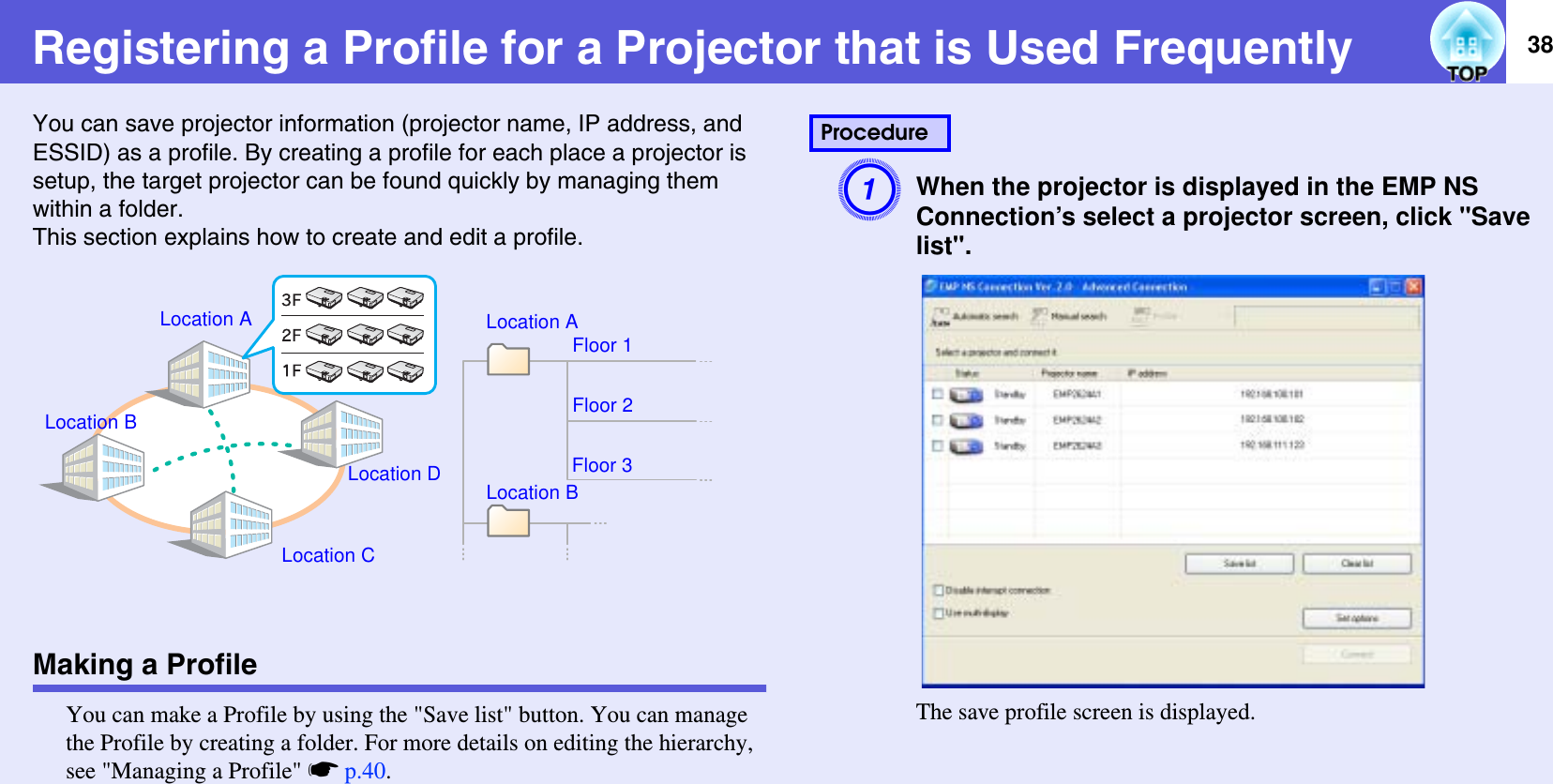 38Registering a Profile for a Projector that is Used FrequentlyYou can save projector information (projector name, IP address, and ESSID) as a profile. By creating a profile for each place a projector is setup, the target projector can be found quickly by managing them within a folder.This section explains how to create and edit a profile.Making a ProfileYou can make a Profile by using the &quot;Save list&quot; button. You can manage the Profile by creating a folder. For more details on editing the hierarchy, see &quot;Managing a Profile&quot; sp.40.AWhen the projector is displayed in the EMP NS Connection’s select a projector screen, click &quot;Save list&quot;. The save profile screen is displayed.Location ALocation BLocation CLocation DLocation ALocation BFloor 1Floor 2Floor 3Procedure