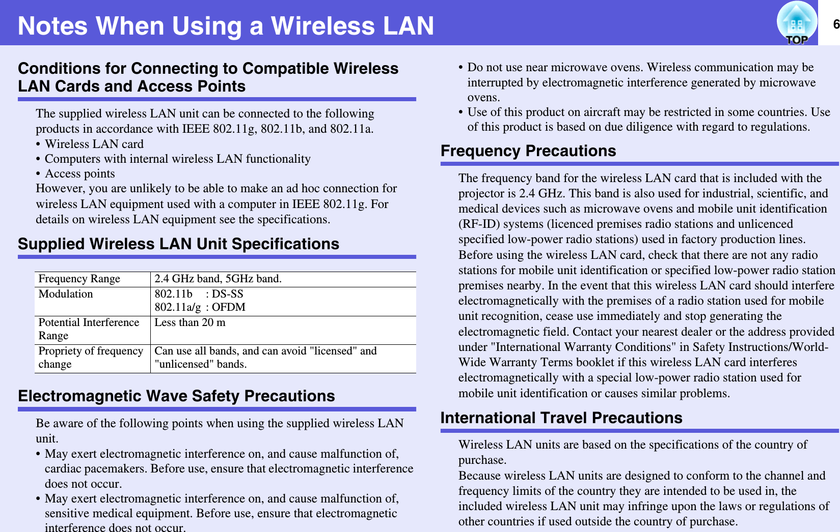 6Notes When Using a Wireless LANConditions for Connecting to Compatible Wireless LAN Cards and Access PointsThe supplied wireless LAN unit can be connected to the following products in accordance with IEEE 802.11g, 802.11b, and 802.11a.• Wireless LAN card• Computers with internal wireless LAN functionality• Access pointsHowever, you are unlikely to be able to make an ad hoc connection for wireless LAN equipment used with a computer in IEEE 802.11g. For details on wireless LAN equipment see the specifications.Supplied Wireless LAN Unit SpecificationsElectromagnetic Wave Safety PrecautionsBe aware of the following points when using the supplied wireless LAN unit.• May exert electromagnetic interference on, and cause malfunction of, cardiac pacemakers. Before use, ensure that electromagnetic interference does not occur.• May exert electromagnetic interference on, and cause malfunction of, sensitive medical equipment. Before use, ensure that electromagnetic interference does not occur.• Do not use near microwave ovens. Wireless communication may be interrupted by electromagnetic interference generated by microwave ovens.• Use of this product on aircraft may be restricted in some countries. Use of this product is based on due diligence with regard to regulations.Frequency PrecautionsThe frequency band for the wireless LAN card that is included with the projector is 2.4 GHz. This band is also used for industrial, scientific, and medical devices such as microwave ovens and mobile unit identification (RF-ID) systems (licenced premises radio stations and unlicenced specified low-power radio stations) used in factory production lines.Before using the wireless LAN card, check that there are not any radio stations for mobile unit identification or specified low-power radio station premises nearby. In the event that this wireless LAN card should interfere electromagnetically with the premises of a radio station used for mobile unit recognition, cease use immediately and stop generating the electromagnetic field. Contact your nearest dealer or the address provided under &quot;International Warranty Conditions&quot; in Safety Instructions/World-Wide Warranty Terms booklet if this wireless LAN card interferes electromagnetically with a special low-power radio station used for mobile unit identification or causes similar problems.International Travel PrecautionsWireless LAN units are based on the specifications of the country of purchase.Because wireless LAN units are designed to conform to the channel and frequency limits of the country they are intended to be used in, the included wireless LAN unit may infringe upon the laws or regulations of other countries if used outside the country of purchase.Frequency Range 2.4 GHz band, 5GHz band.Modulation 802.11b : DS-SS802.11a/g : OFDMPotential Interference RangeLess than 20 mPropriety of frequency changeCan use all bands, and can avoid &quot;licensed&quot; and &quot;unlicensed&quot; bands.