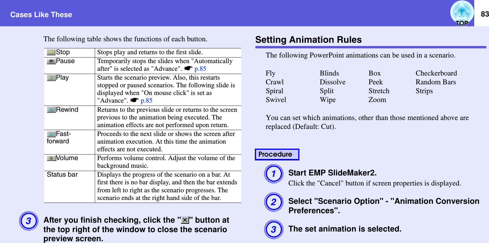 Cases Like These 83The following table shows the functions of each button.CAfter you finish checking, click the &quot; &quot; button at the top right of the window to close the scenario preview screen.Setting Animation RulesThe following PowerPoint animations can be used in a scenario.Fly Blinds Box CheckerboardCrawl Dissolve Peek Random BarsSpiral Split Stretch StripsSwivel Wipe ZoomYou can set which animations, other than those mentioned above are replaced (Default: Cut).AStart EMP SlideMaker2.Click the &quot;Cancel&quot; button if screen properties is displayed.BSelect &quot;Scenario Option&quot; - &quot;Animation Conversion Preferences&quot;.CThe set animation is selected.Stop Stops play and returns to the first slide.Pause Temporarily stops the slides when &quot;Automatically after&quot; is selected as &quot;Advance&quot;. sp.85Play Starts the scenario preview. Also, this restarts stopped or paused scenarios. The following slide is displayed when &quot;On mouse click&quot; is set as &quot;Advance&quot;. sp.85Rewind Returns to the previous slide or returns to the screen previous to the animation being executed. The animation effects are not performed upon return.Fast-forwardProceeds to the next slide or shows the screen after animation execution. At this time the animation effects are not executed.Volume Performs volume control. Adjust the volume of the background music.Status bar Displays the progress of the scenario on a bar. At first there is no bar display, and then the bar extends from left to right as the scenario progresses. The scenario ends at the right hand side of the bar.Procedure