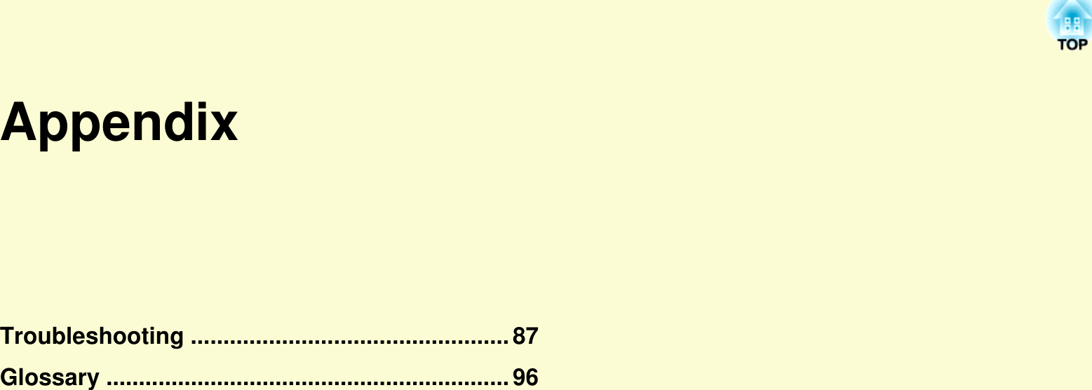 AppendixTroubleshooting .................................................87Glossary ..............................................................96