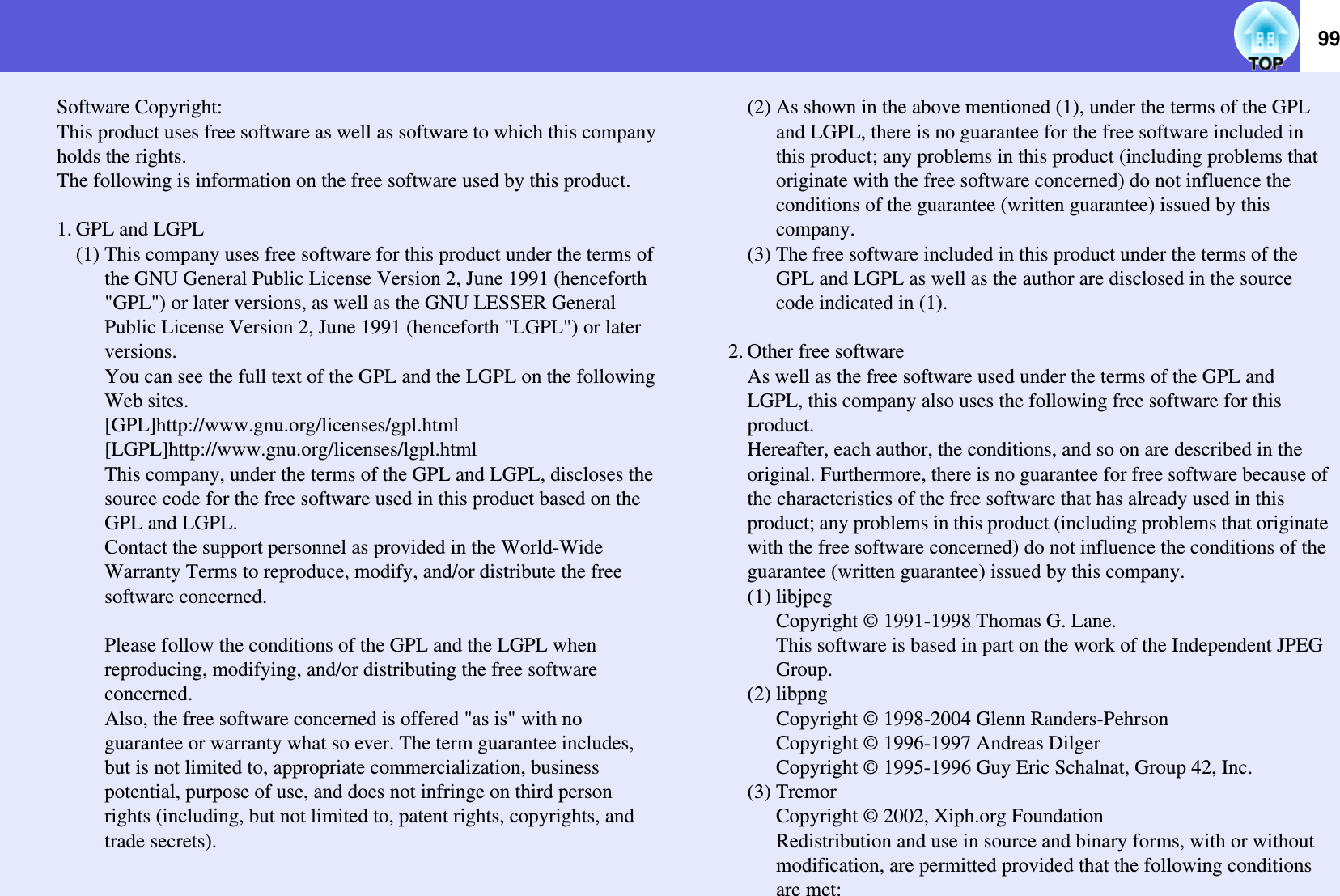 99Software Copyright:This product uses free software as well as software to which this company holds the rights.The following is information on the free software used by this product.1. GPL and LGPL(1) This company uses free software for this product under the terms of the GNU General Public License Version 2, June 1991 (henceforth &quot;GPL&quot;) or later versions, as well as the GNU LESSER General Public License Version 2, June 1991 (henceforth &quot;LGPL&quot;) or later versions.You can see the full text of the GPL and the LGPL on the following Web sites.[GPL]http://www.gnu.org/licenses/gpl.html[LGPL]http://www.gnu.org/licenses/lgpl.htmlThis company, under the terms of the GPL and LGPL, discloses the source code for the free software used in this product based on the GPL and LGPL.Contact the support personnel as provided in the World-Wide Warranty Terms to reproduce, modify, and/or distribute the free software concerned.Please follow the conditions of the GPL and the LGPL when reproducing, modifying, and/or distributing the free software concerned.Also, the free software concerned is offered &quot;as is&quot; with no guarantee or warranty what so ever. The term guarantee includes, but is not limited to, appropriate commercialization, business potential, purpose of use, and does not infringe on third person rights (including, but not limited to, patent rights, copyrights, and trade secrets).(2) As shown in the above mentioned (1), under the terms of the GPL and LGPL, there is no guarantee for the free software included in this product; any problems in this product (including problems that originate with the free software concerned) do not influence the conditions of the guarantee (written guarantee) issued by this company.(3) The free software included in this product under the terms of the GPL and LGPL as well as the author are disclosed in the source code indicated in (1).2. Other free softwareAs well as the free software used under the terms of the GPL and LGPL, this company also uses the following free software for this product.Hereafter, each author, the conditions, and so on are described in the original. Furthermore, there is no guarantee for free software because of the characteristics of the free software that has already used in this product; any problems in this product (including problems that originate with the free software concerned) do not influence the conditions of the guarantee (written guarantee) issued by this company.(1) libjpegCopyright © 1991-1998 Thomas G. Lane.This software is based in part on the work of the Independent JPEG Group.(2) libpngCopyright © 1998-2004 Glenn Randers-PehrsonCopyright © 1996-1997 Andreas DilgerCopyright © 1995-1996 Guy Eric Schalnat, Group 42, Inc.(3) TremorCopyright © 2002, Xiph.org FoundationRedistribution and use in source and binary forms, with or without modification, are permitted provided that the following conditions are met: