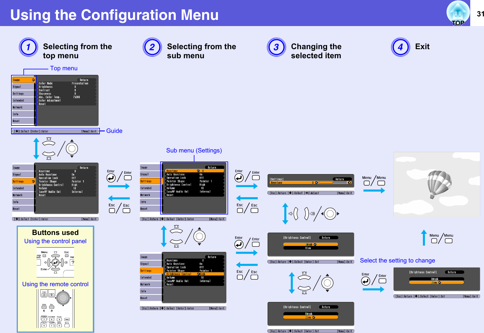 31Using the Configuration MenuASelecting from the top menu CChanging the selected itemBSelecting from the sub menuTop menuSub menu (Settings)GuideSelect the setting to changeUsing the remote controlUsing the control panelButtons usedDExit