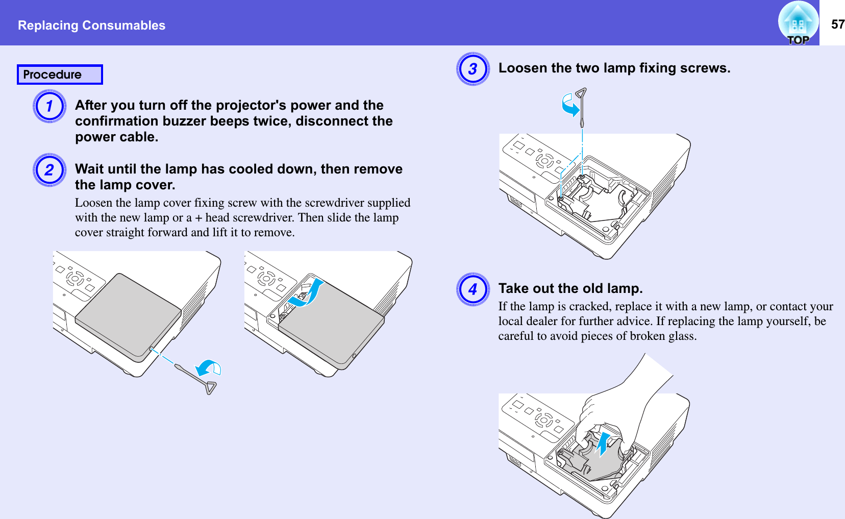 Replacing Consumables 57AAfter you turn off the projector&apos;s power and the confirmation buzzer beeps twice, disconnect the power cable. BWait until the lamp has cooled down, then remove the lamp cover. Loosen the lamp cover fixing screw with the screwdriver supplied with the new lamp or a + head screwdriver. Then slide the lamp cover straight forward and lift it to remove. CLoosen the two lamp fixing screws. DTake out the old lamp. If the lamp is cracked, replace it with a new lamp, or contact your local dealer for further advice. If replacing the lamp yourself, be careful to avoid pieces of broken glass.Procedure