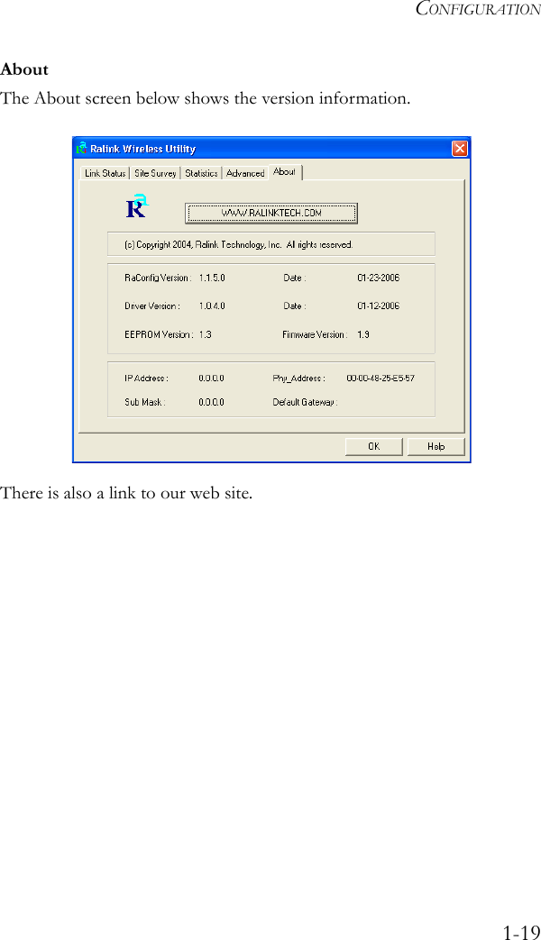 CONFIGURATION1-19AboutThe About screen below shows the version information. There is also a link to our web site.