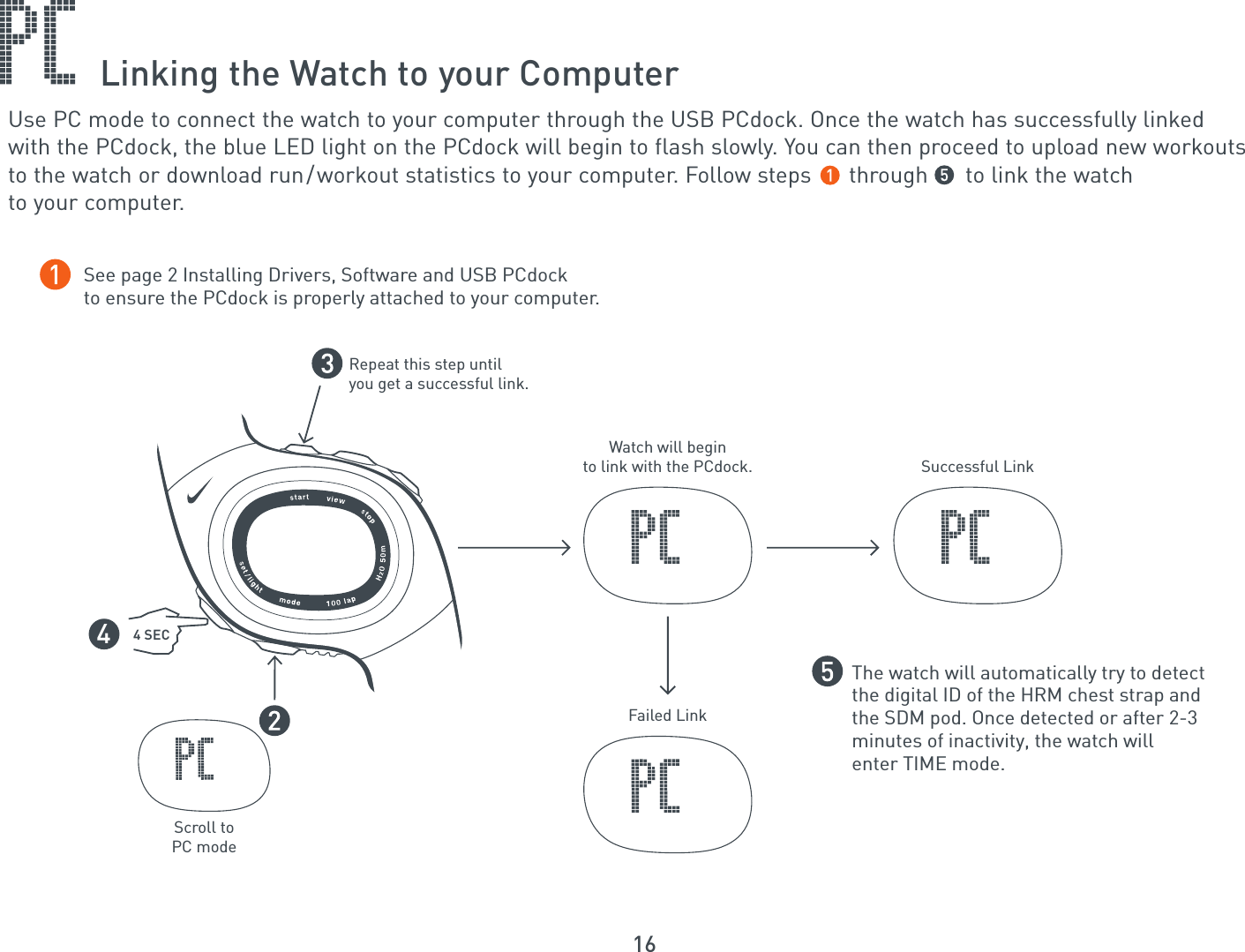 16Linking the Watch to your ComputerUse PC mode to connect the watch to your computer through the USB PCdock. Once the watch has successfully linked with the PCdock, the blue LED light on the PCdock will begin to flash slowly. You can then proceed to upload new workoutsto the watch or download run/workout statistics to your computer. Follow steps      through      to link the watchto your computer.Repeat this step untilyou get a successful link.Scroll toPC modeSee page 2 Installing Drivers, Software and USB PCdock to ensure the PCdock is properly attached to your computer.The watch will automatically try to detect the digital ID of the HRM chest strap andthe SDM pod. Once detected or after 2-3minutes of inactivity, the watch willenter TIME mode.4Watch will beginto link with the PCdock.Failed LinkSuccessful Link4 SEC