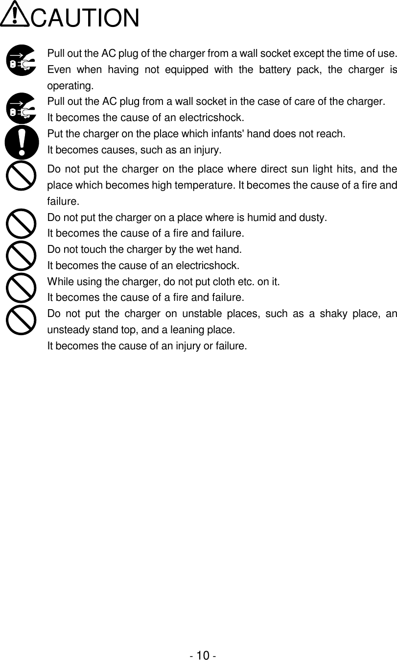 - 10 -CAUTIONPull out the AC plug of the charger from a wall socket except the time of use.Even when having not equipped with the battery pack, the charger isoperating.Pull out the AC plug from a wall socket in the case of care of the charger.It becomes the cause of an electricshock.Put the charger on the place which infants&apos; hand does not reach.It becomes causes, such as an injury.Do not put the charger on the place where direct sun light hits, and theplace which becomes high temperature. It becomes the cause of a fire andfailure.Do not put the charger on a place where is humid and dusty.It becomes the cause of a fire and failure.Do not touch the charger by the wet hand.It becomes the cause of an electricshock.While using the charger, do not put cloth etc. on it.It becomes the cause of a fire and failure.Do not put the charger on unstable places, such as a shaky place, anunsteady stand top, and a leaning place.It becomes the cause of an injury or failure.