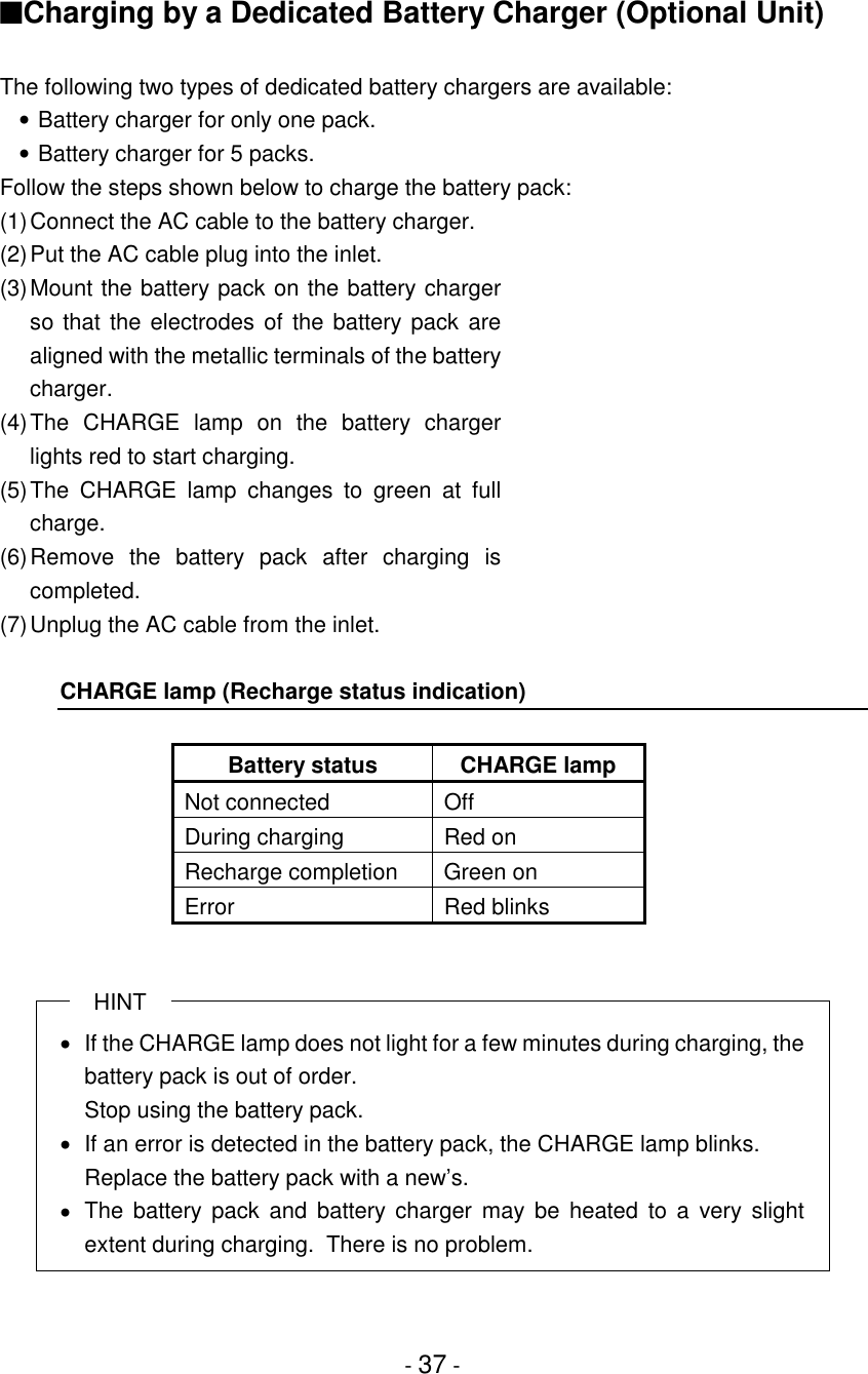 - 37 -■Charging by a Dedicated Battery Charger (Optional Unit)The following two types of dedicated battery chargers are available:• Battery charger for only one pack.• Battery charger for 5 packs.Follow the steps shown below to charge the battery pack:(1)Connect the AC cable to the battery charger.(2)Put the AC cable plug into the inlet.(3)Mount the battery pack on the battery chargerso that the electrodes of the battery pack arealigned with the metallic terminals of the batterycharger.(4)The CHARGE lamp on the battery chargerlights red to start charging.(5)The CHARGE lamp changes to green at fullcharge.(6)Remove the battery pack after charging iscompleted.(7)Unplug the AC cable from the inlet.CHARGE lamp (Recharge status indication)Battery status CHARGE lampNot connected OffDuring charging Red onRecharge completion Green onError Red blinksHINT•  If the CHARGE lamp does not light for a few minutes during charging, thebattery pack is out of order.Stop using the battery pack.•  If an error is detected in the battery pack, the CHARGE lamp blinks.Replace the battery pack with a new’s.•  The battery pack and battery charger may be heated to a very slightextent during charging.  There is no problem.