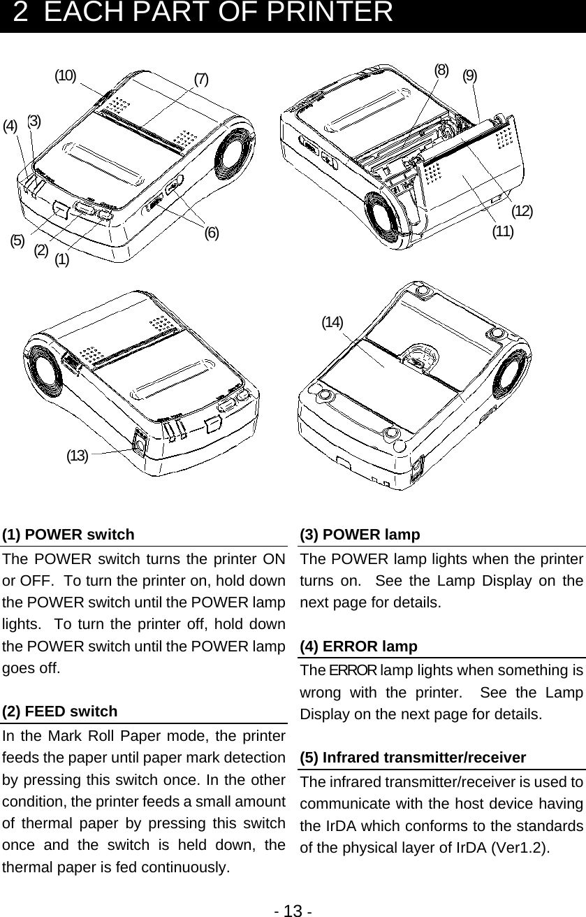  - 13 -  2  EACH PART OF PRINTER   (1) POWER switch The POWER switch turns the printer ON or OFF.  To turn the printer on, hold down the POWER switch until the POWER lamp lights.  To turn the printer off, hold down the POWER switch until the POWER lamp goes off.  (2) FEED switch In the Mark Roll Paper mode, the printer feeds the paper until paper mark detection by pressing this switch once. In the other condition, the printer feeds a small amount of thermal paper by pressing this switch once and the switch is held down, the thermal paper is fed continuously. (3) POWER lamp The POWER lamp lights when the printer turns on.  See the Lamp Display on the next page for details.  (4) ERROR lamp The ERROR lamp lights when something is wrong with the printer.  See the Lamp Display on the next page for details.  (5) Infrared transmitter/receiver The infrared transmitter/receiver is used to communicate with the host device having the IrDA which conforms to the standards of the physical layer of IrDA (Ver1.2).  (1) (2) (5) (3) (4) (6) (10) (7)  (8)  (9) (12) (11) (13) (14) 