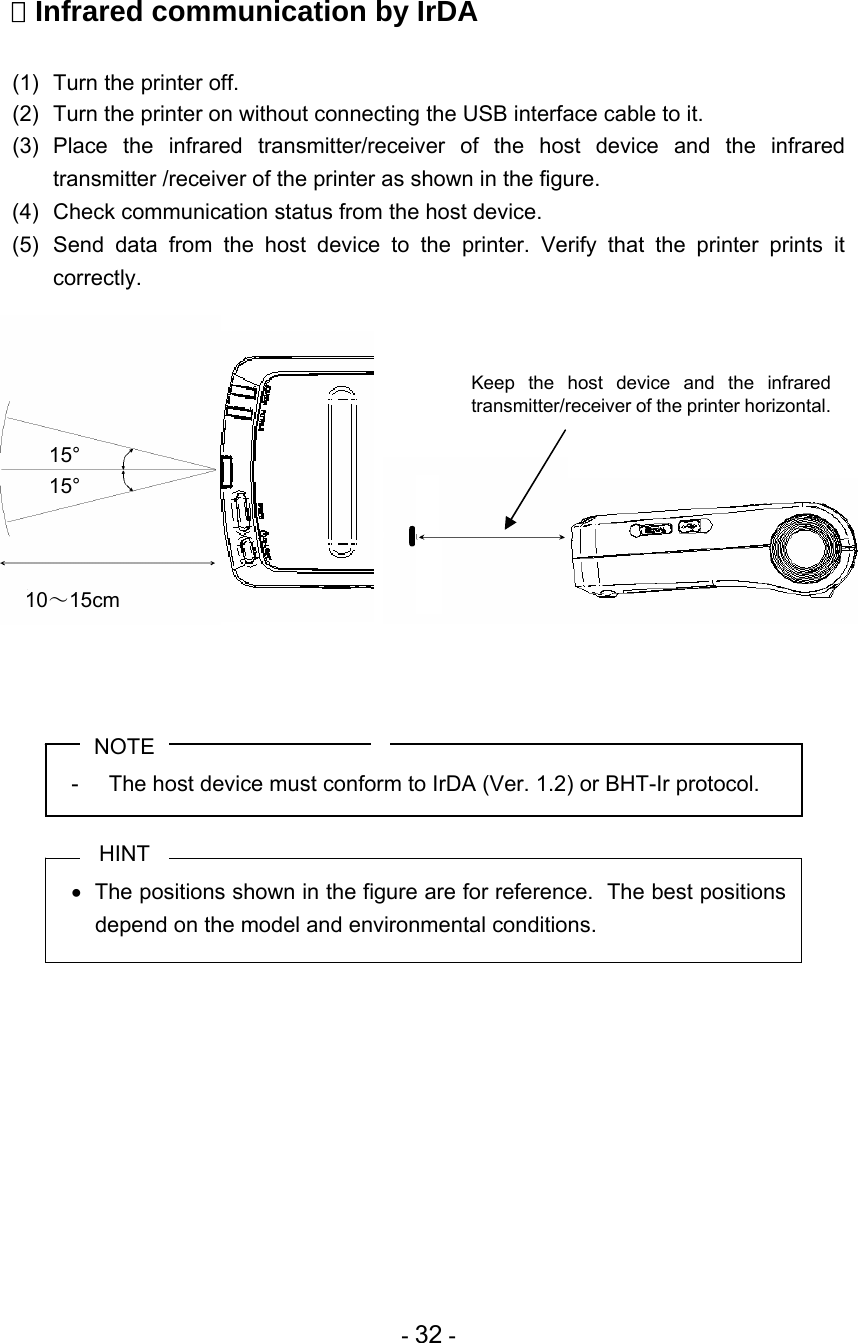 - 32 -  Infrared communication by IrDA  (1)  Turn the printer off.  (2)  Turn the printer on without connecting the USB interface cable to it. (3) Place the infrared transmitter/receiver of the host device and the infrared transmitter /receiver of the printer as shown in the figure. (4)  Check communication status from the host device. (5)  Send data from the host device to the printer. Verify that the printer prints it correctly.              NOTE -  The host device must conform to IrDA (Ver. 1.2) or BHT-Ir protocol.  HINT   The positions shown in the figure are for reference.  The best positions depend on the model and environmental conditions.   Keep the host device and the infrared transmitter/receiver of the printer horizontal. 10～15cm 15° 15° 