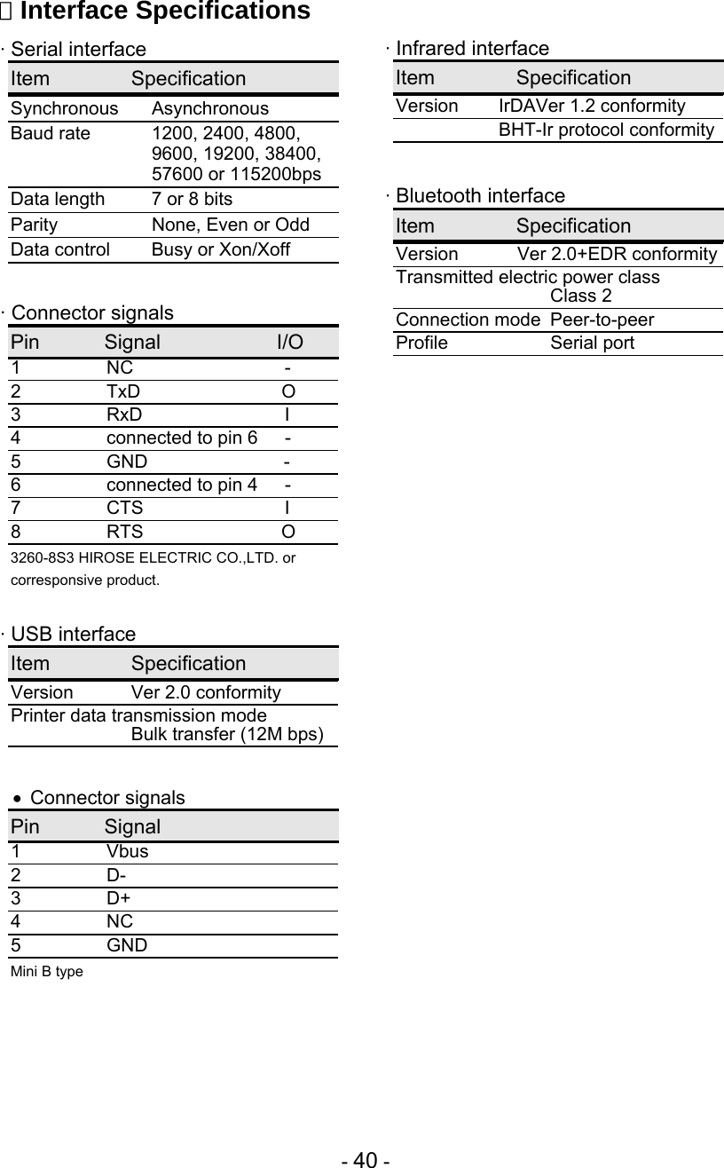 - 40 -   Interface Specifications · Serial interface Item Specification Synchronous Asynchronous Baud rate  1200, 2400, 4800,   9600, 19200, 38400,   57600 or 115200bps Data length  7 or 8 bits Parity  None, Even or Odd Data control  Busy or Xon/Xoff  · Connector signals Pin Signal   I/O 1 NC    - 2 TxD   O 3 RxD   I 4  connected to pin 6  - 5 GND   - 6  connected to pin 4  - 7 CTS   I 8 RTS   O 3260-8S3 HIROSE ELECTRIC CO.,LTD. or corresponsive product.   · USB interface Item Specification Version   Ver 2.0 conformity Printer data transmission mode   Bulk transfer (12M bps)   Connector signals Pin Signal 1 Vbus 2 D- 3 D+ 4 NC 5 GND Mini B type         · Infrared interface Item Specification Version IrDAVer 1.2 conformity  BHT-Ir protocol conformity  · Bluetooth interface Item Specification Version  Ver 2.0+EDR conformity Transmitted electric power class     Class 2 Connection mode  Peer-to-peer Profile Serial port  