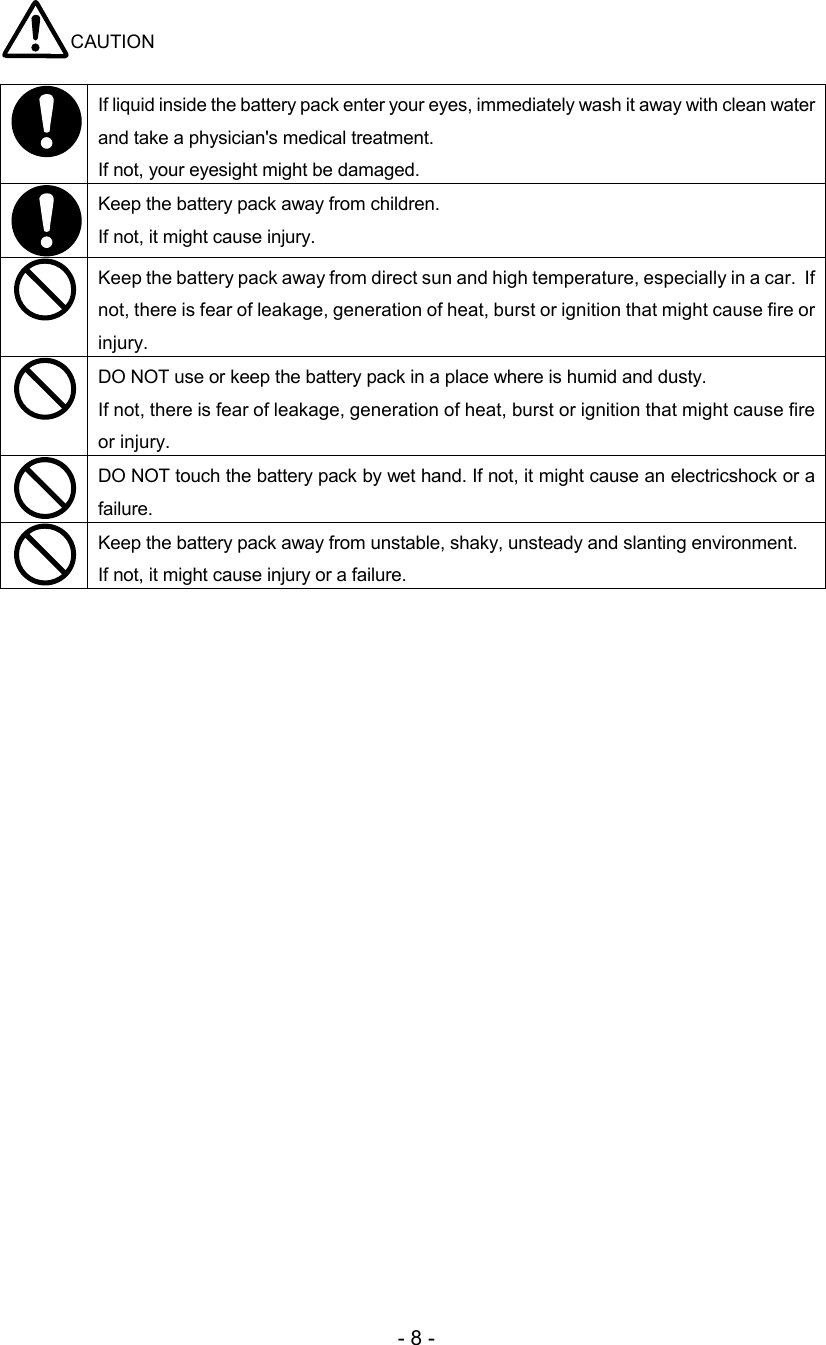 - 8 - CAUTION   If liquid inside the battery pack enter your eyes, immediately wash it away with clean water and take a physician&apos;s medical treatment.  If not, your eyesight might be damaged.   Keep the battery pack away from children.   If not, it might cause injury.   Keep the battery pack away from direct sun and high temperature, especially in a car.  If not, there is fear of leakage, generation of heat, burst or ignition that might cause fire or injury.  DO NOT use or keep the battery pack in a place where is humid and dusty.  If not, there is fear of leakage, generation of heat, burst or ignition that might cause fire or injury.  DO NOT touch the battery pack by wet hand. If not, it might cause an electricshock or a failure.  Keep the battery pack away from unstable, shaky, unsteady and slanting environment.  If not, it might cause injury or a failure.  