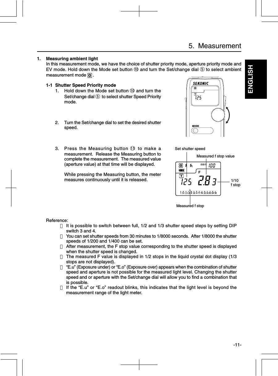 ENGLISH-11-5.  Measurement1. Measuring ambient lightIn this measurement mode, we have the choice of shutter priority mode, aperture priority mode andEV mode. Hold down the Mode set button !0 and turn the Set/change dial t to select ambientmeasurement mode  .1-1 Shutter Speed Priority mode1. Hold down the Mode set button !0 and turn theSet/change dial t to select shutter Speed Prioritymode.2. Turn the Set/change dial to set the desired shutterspeed.3. Press the Measuring button !5 to make ameasurement.  Release the Measuring button tocomplete the measurement.  The measured value(aperture value) at that time will be displayed.While pressing the Measuring button, the metermeasures continuously until it is released.Reference:・It is possible to switch between full, 1/2 and 1/3 shutter speed steps by setting DIPswitch 3 and 4.・You can set shutter speeds from 30 minutes to 1/8000 seconds.  After 1/8000 the shutterspeeds of 1/200 and 1/400 can be set.・After measurement, the F stop value corresponding to the shutter speed is displayedwhen the shutter speed is changed.・The measured F value is displayed in 1/2 stops in the liquid crystal dot display (1/3stops are not displayed).・“E.u” (Exposure under) or “E.o” (Exposure over) appears when the combination of shutterspeed and aperture is not possible for the measured light level. Changing the shutterspeed and or aperture with the Set/change dial will allow you to find a combination thatis possible.・If the “E.u” or “E.o” readout blinks, this indicates that the light level is beyond themeasurement range of the light meter.Measured f stop value1/10f stopSet shutter speedMeasured f stopMODE