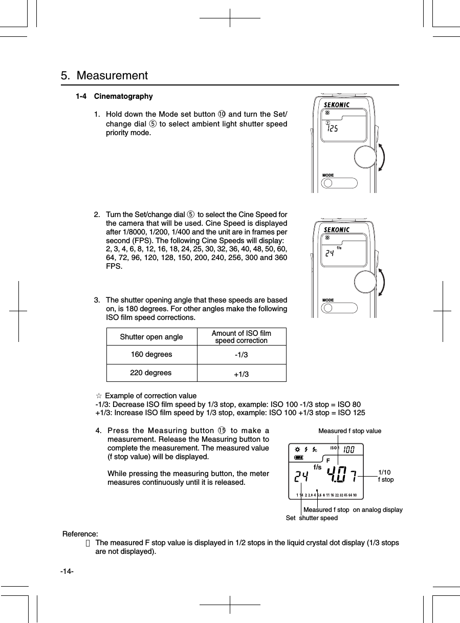 -14-1-4 Cinematography1. Hold down the Mode set button !0 and turn the Set/change dial t to select ambient light shutter speedpriority mode.2. Turn the Set/change dial t to select the Cine Speed forthe camera that will be used. Cine Speed is displayedafter 1/8000, 1/200, 1/400 and the unit are in frames persecond (FPS). The following Cine Speeds will display:2, 3, 4, 6, 8, 12, 16, 18, 24, 25, 30, 32, 36, 40, 48, 50, 60,64, 72, 96, 120, 128, 150, 200, 240, 256, 300 and 360FPS.3. The shutter opening angle that these speeds are basedon, is 180 degrees. For other angles make the followingISO film speed corrections.5.  Measurement☆ Example of correction value-1/3: Decrease ISO film speed by 1/3 stop, example: ISO 100 -1/3 stop = ISO 80+1/3: Increase ISO film speed by 1/3 stop, example: ISO 100 +1/3 stop = ISO 1254. Press the Measuring button !5 to make ameasurement. Release the Measuring button tocomplete the measurement. The measured value(f stop value) will be displayed.While pressing the measuring button, the metermeasures continuously until it is released.Reference:・The measured F stop value is displayed in 1/2 stops in the liquid crystal dot display (1/3 stopsare not displayed).Set  shutter speedMeasured f stop  on analog displayMeasured f stop value1/10f stopShutter open angleAmount of ISO filmspeed correction160 degrees -1/3220 degrees +1/3MODEMODE